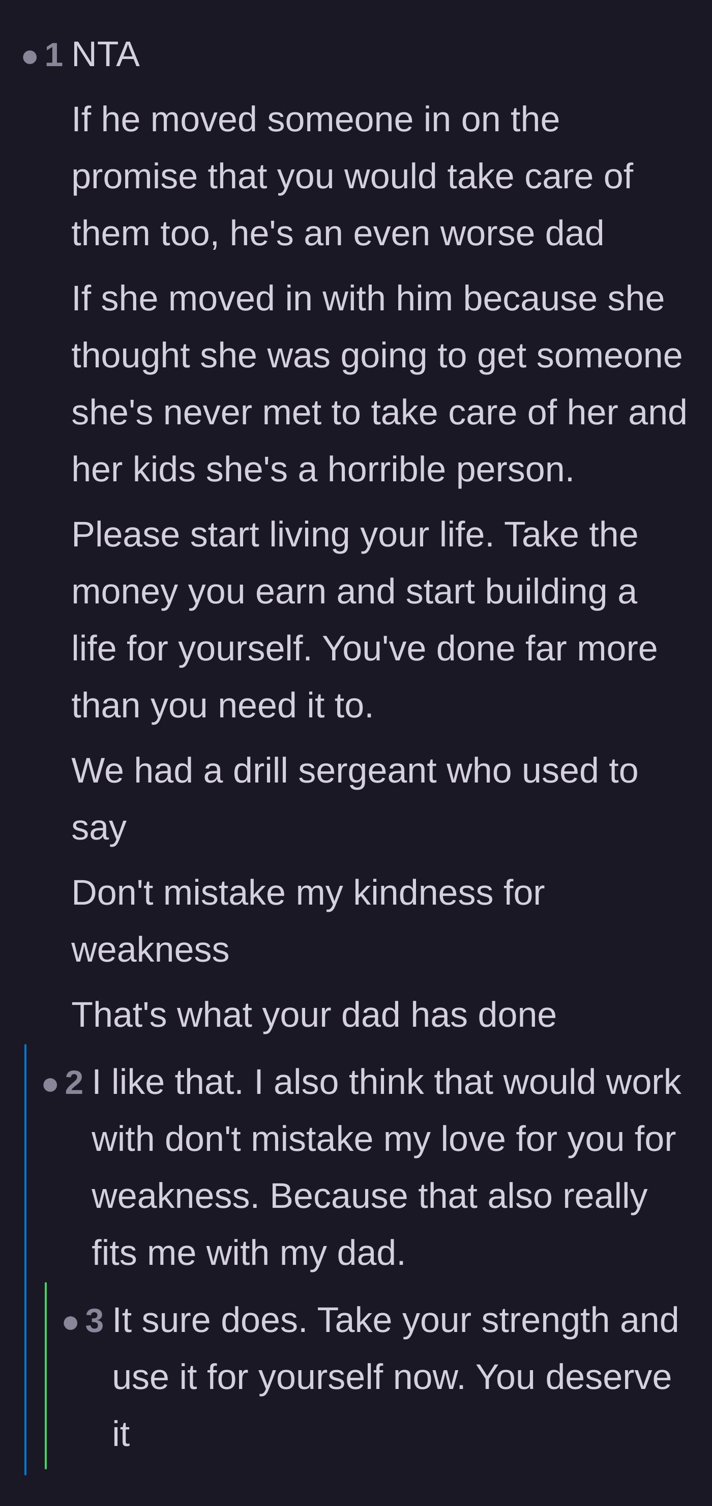 Comment thread 6 - A quote about not mistaking kindness for weakness, which the original poster resonated with.