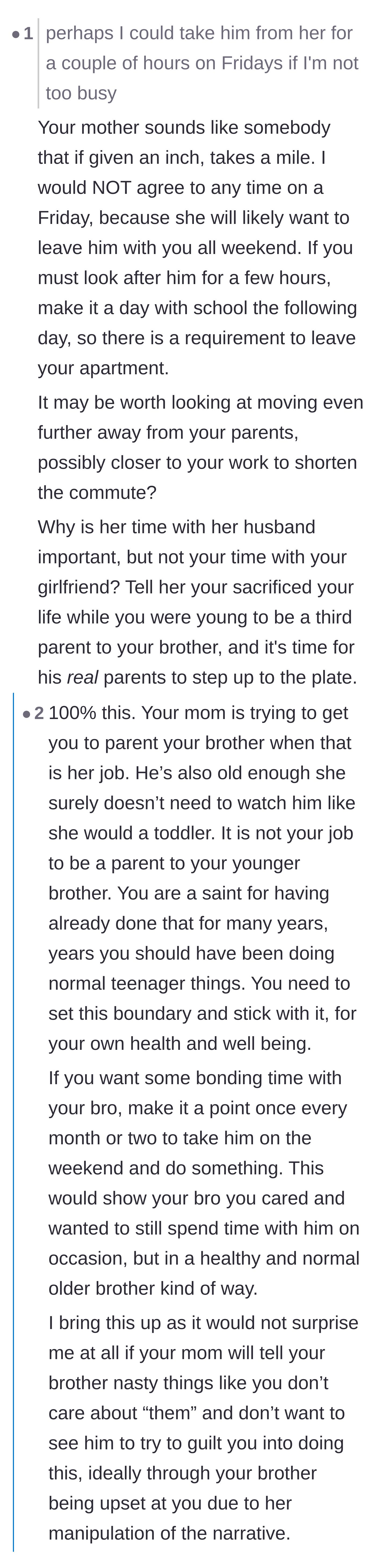 Comment thread 2 - Advice warning the main character that any compromise will lead to weekend-long childcare demands.