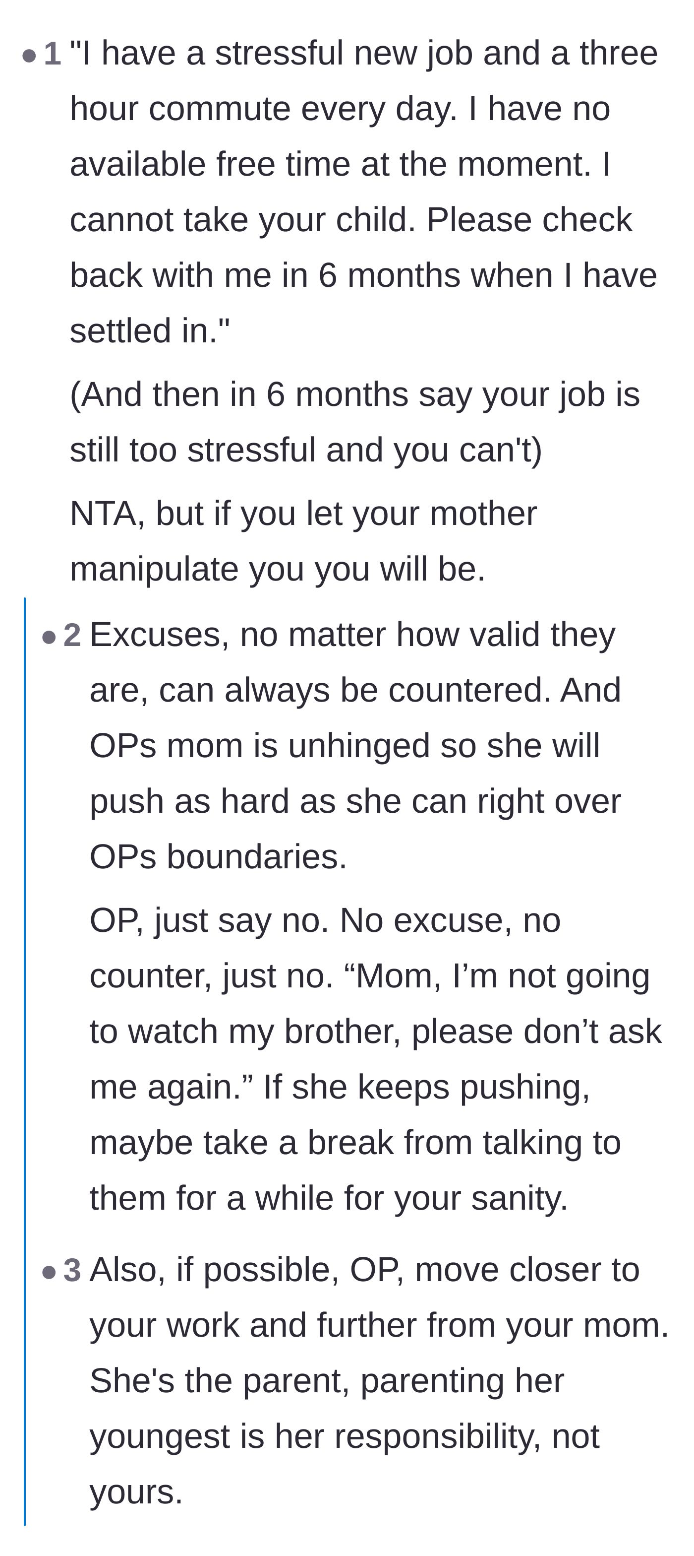 Comment thread 3 - Users advising the older brother to say a firm 'no' without offering any excuses that the mother could argue against.