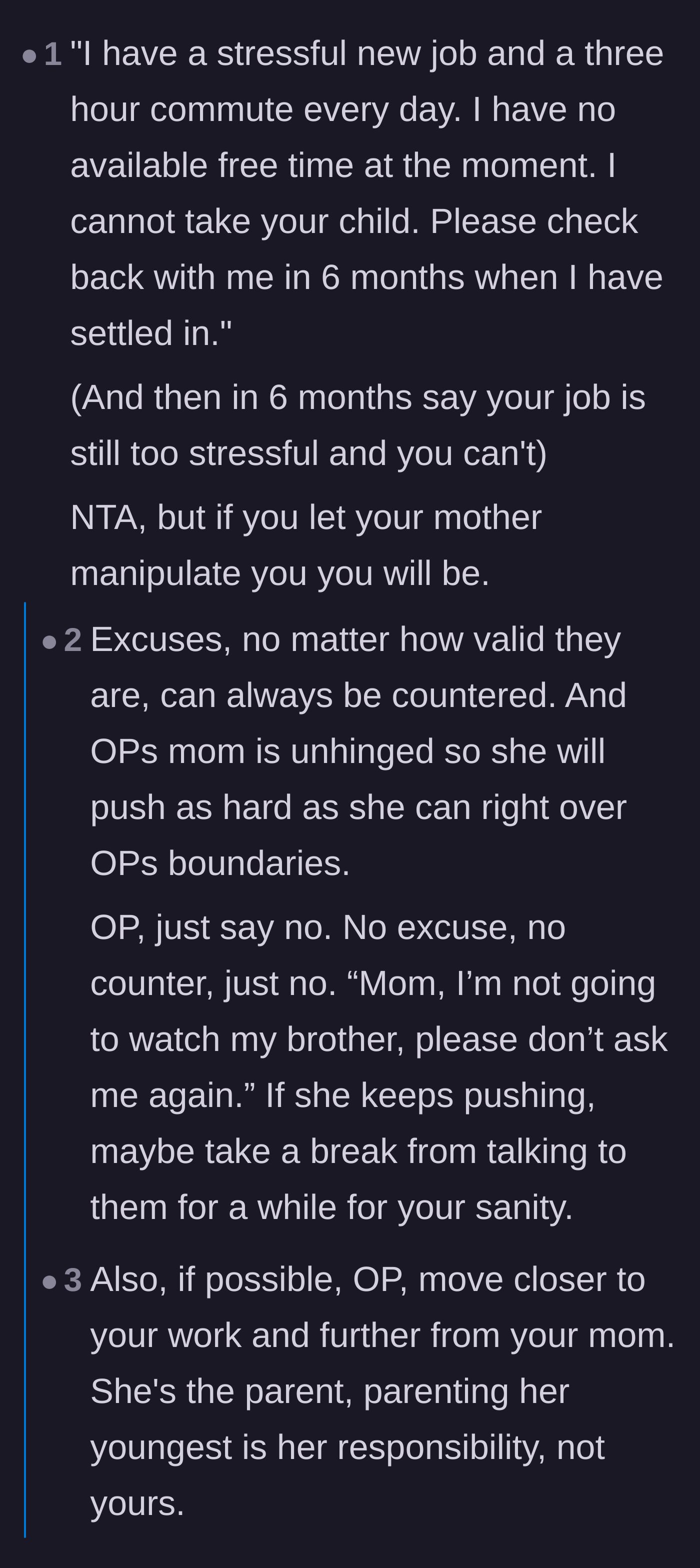 Comment thread 3 - Users advising the older brother to say a firm 'no' without offering any excuses that the mother could argue against.