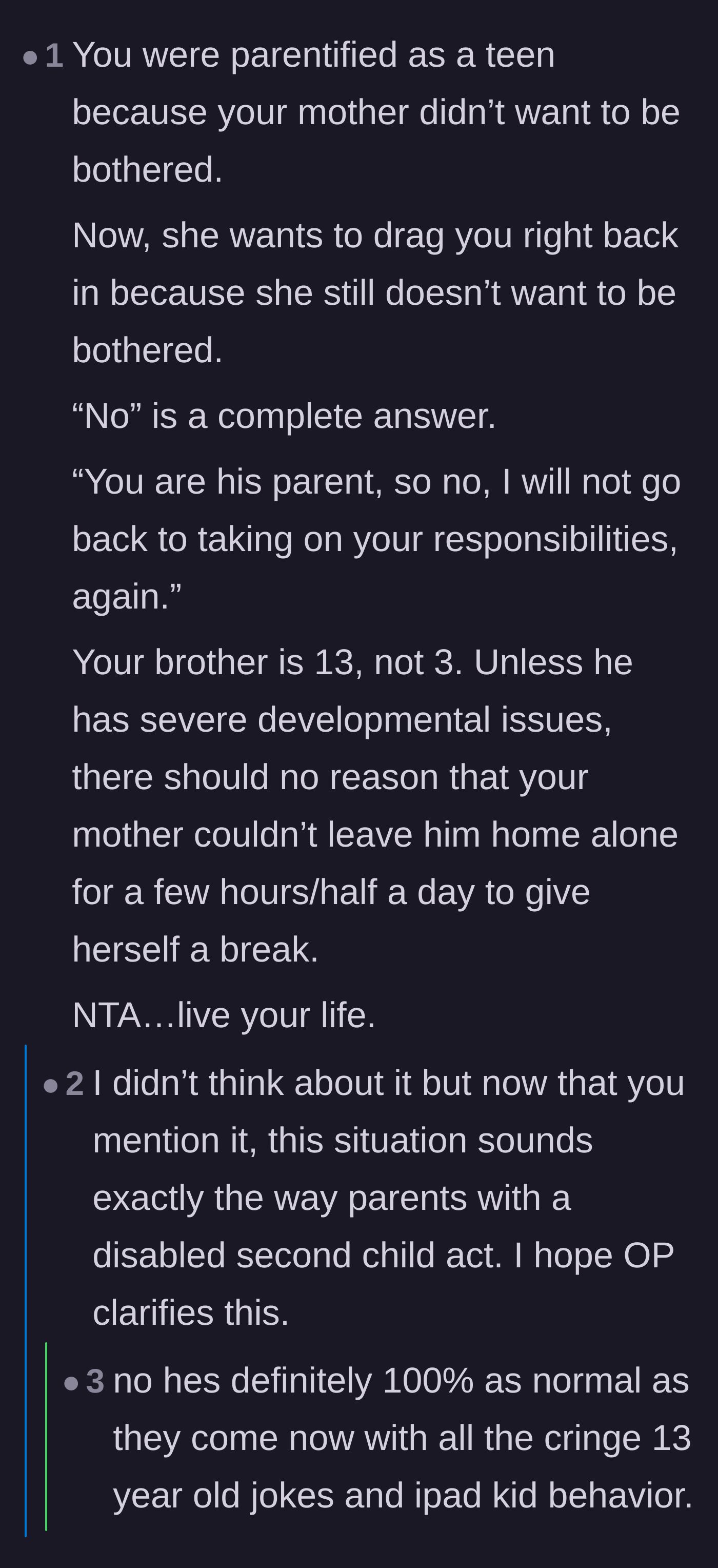 Comment thread 5 - Commenters pointing out the mother's lifelong pattern of avoiding her parenting responsibilities.