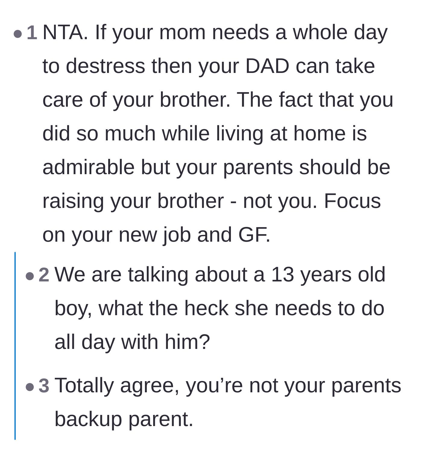 Comment thread 6 - Readers pointing out that the father should be the one stepping up if the mother needs a break.