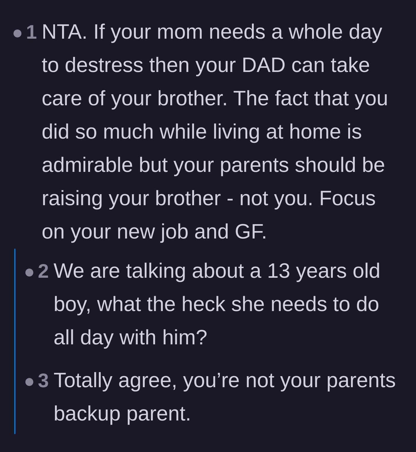 Comment thread 6 - Readers pointing out that the father should be the one stepping up if the mother needs a break.
