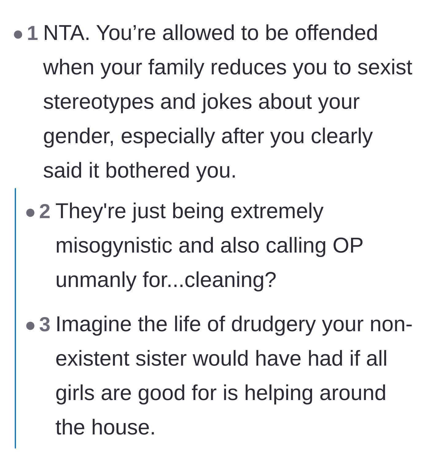 Comment thread 2 - Commenters call out the family's deep-rooted misogyny and validate the son's right to be offended.