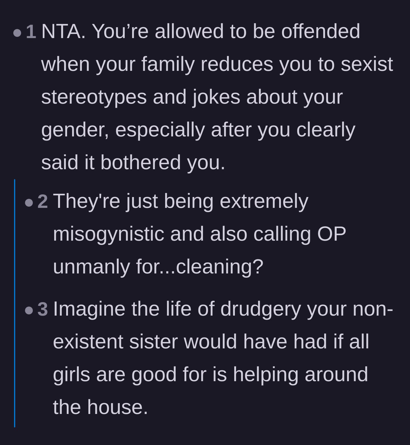 Comment thread 2 - Commenters call out the family's deep-rooted misogyny and validate the son's right to be offended.