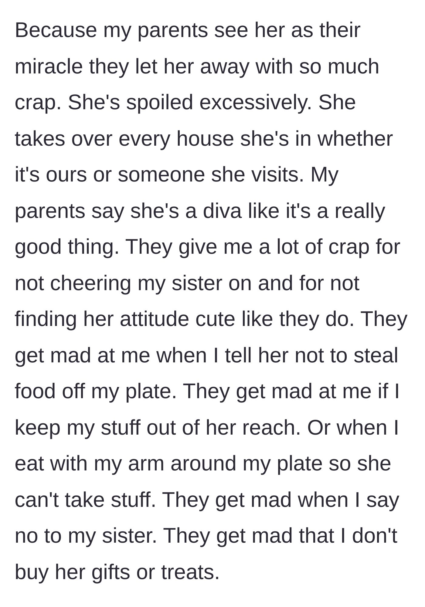 Story part 4 - A young girl snatching food from her teen brother's guarded plate while parents smile fondly.