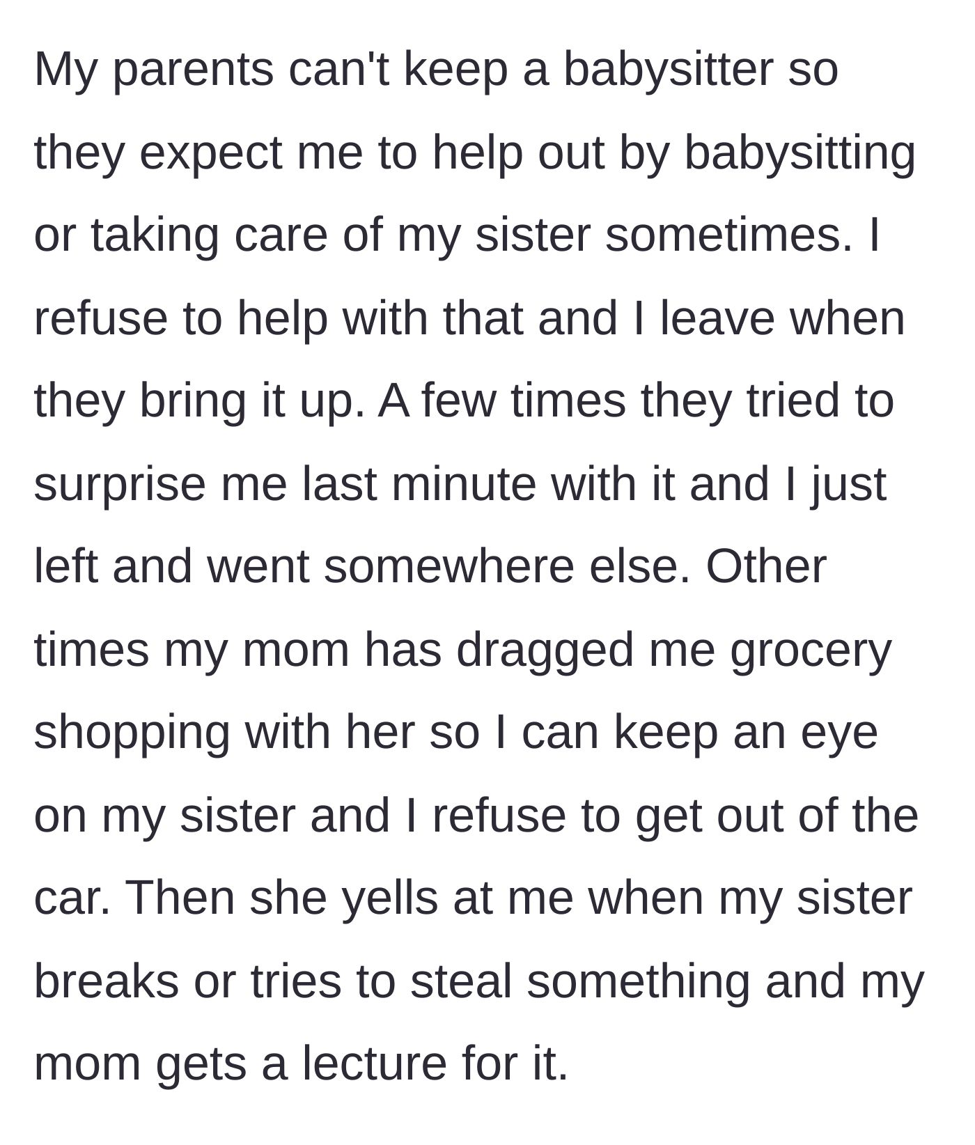 Story part 6 - A teen boy stubbornly sitting in a parked car while his mother struggles with a misbehaving child in a grocery store.