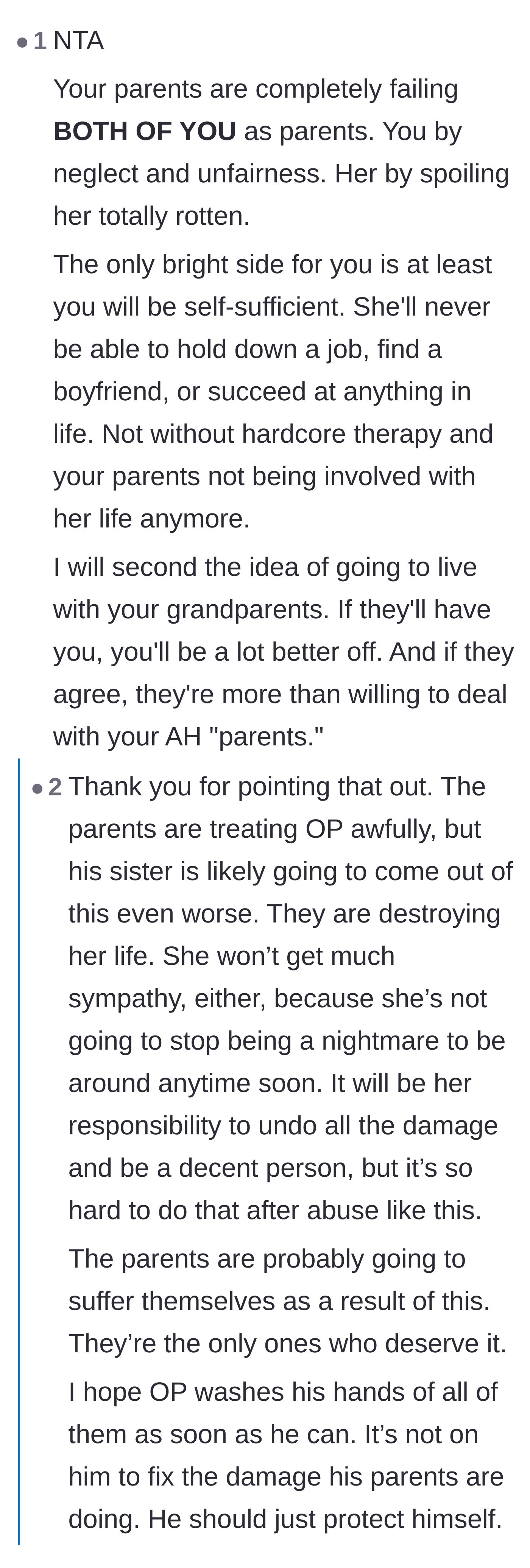 Comment thread 2 - A discussion on how spoiling the younger sister is actually a form of long-term neglect
