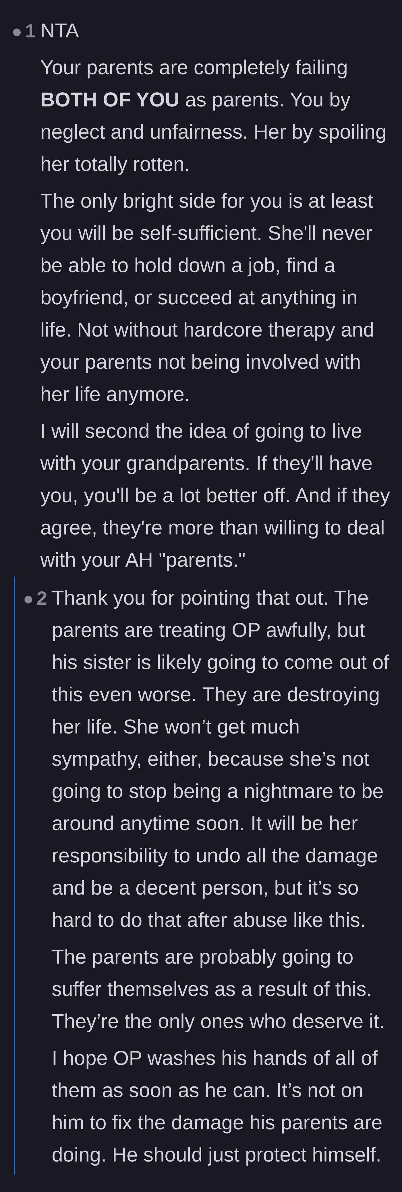 Comment thread 2 - A discussion on how spoiling the younger sister is actually a form of long-term neglect
