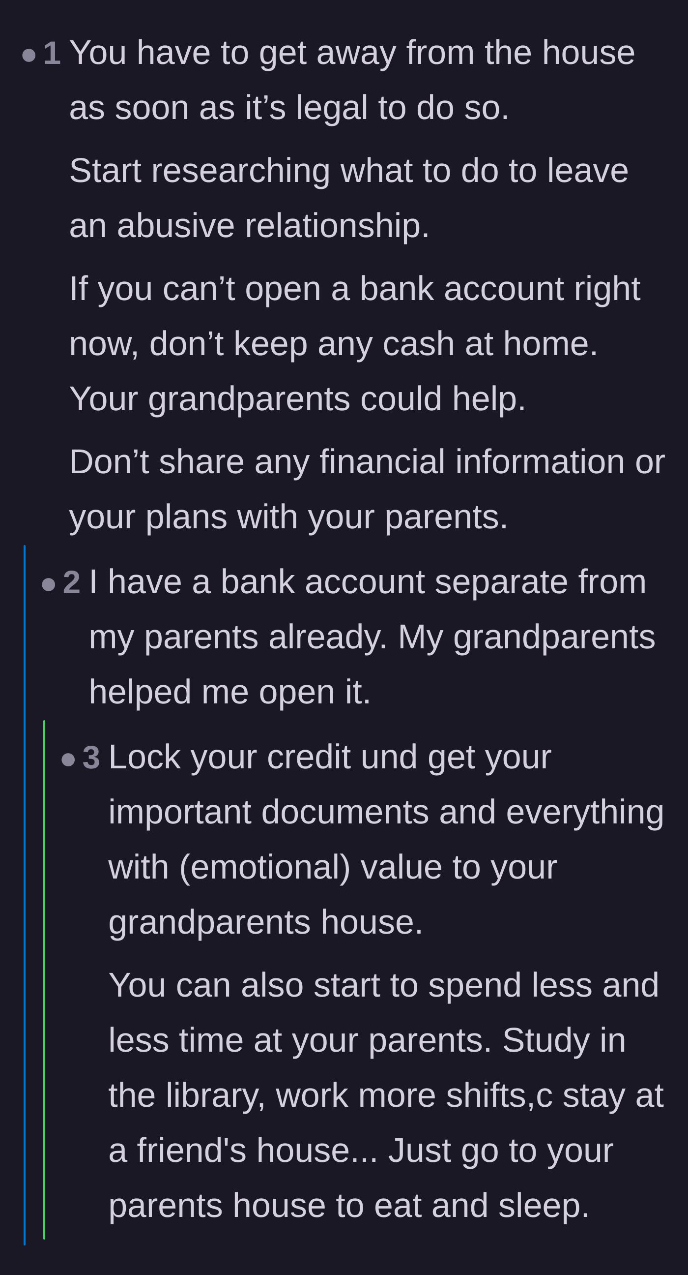 Comment thread 3 - Tactical advice on securing financial independence and important documents before turning eighteen