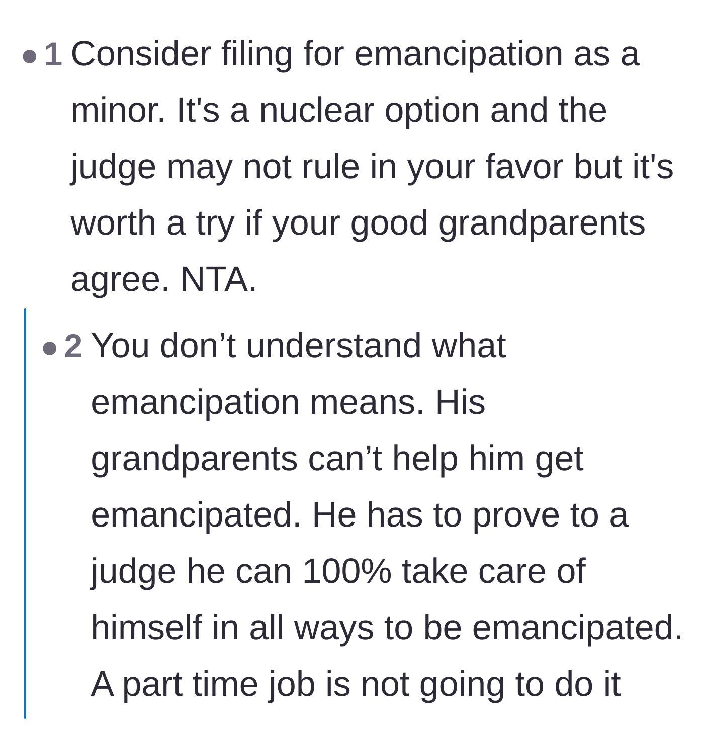 Comment thread 4 - A debate over whether filing for legal emancipation is a viable option for the teenager