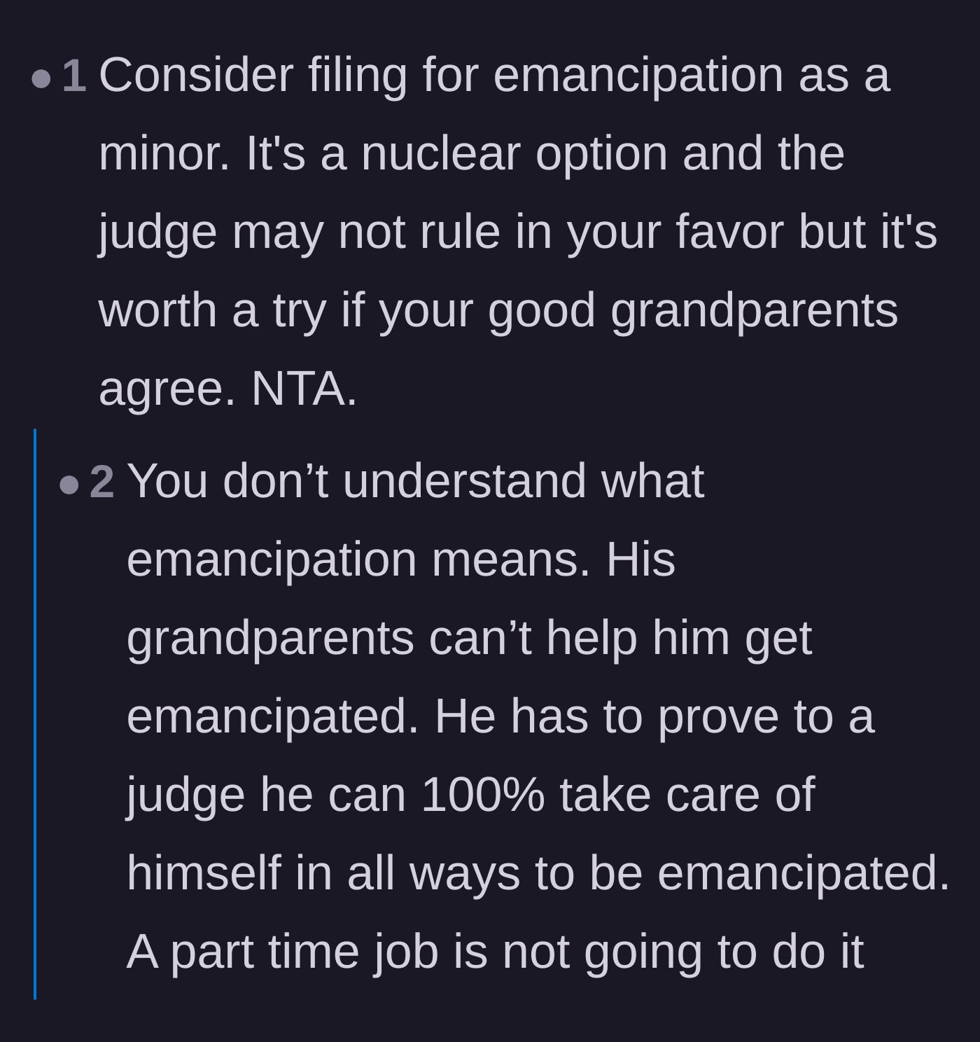 Comment thread 4 - A debate over whether filing for legal emancipation is a viable option for the teenager