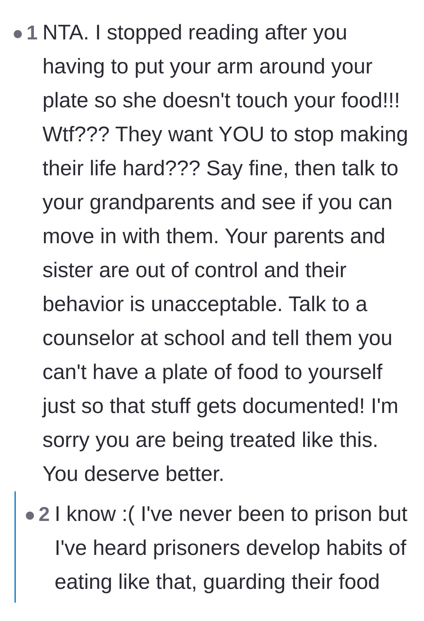 Comment thread 6 - Outrage over the teenager having to physically guard his meals from his sister like a prison inmate