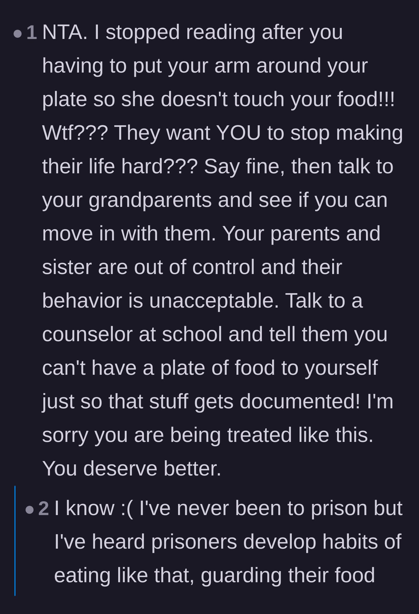 Comment thread 6 - Outrage over the teenager having to physically guard his meals from his sister like a prison inmate