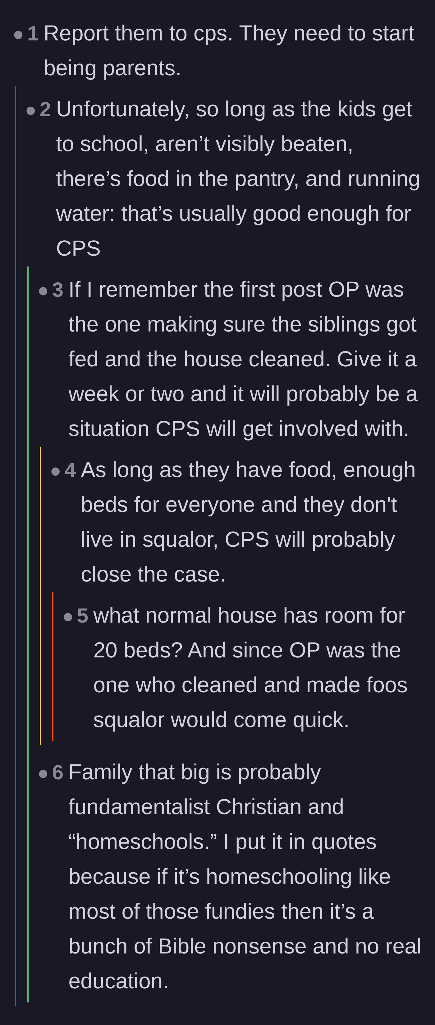 Comment thread 1 - A debate on whether Child Protective Services would intervene in a case of extreme parentification and impending household collapse.