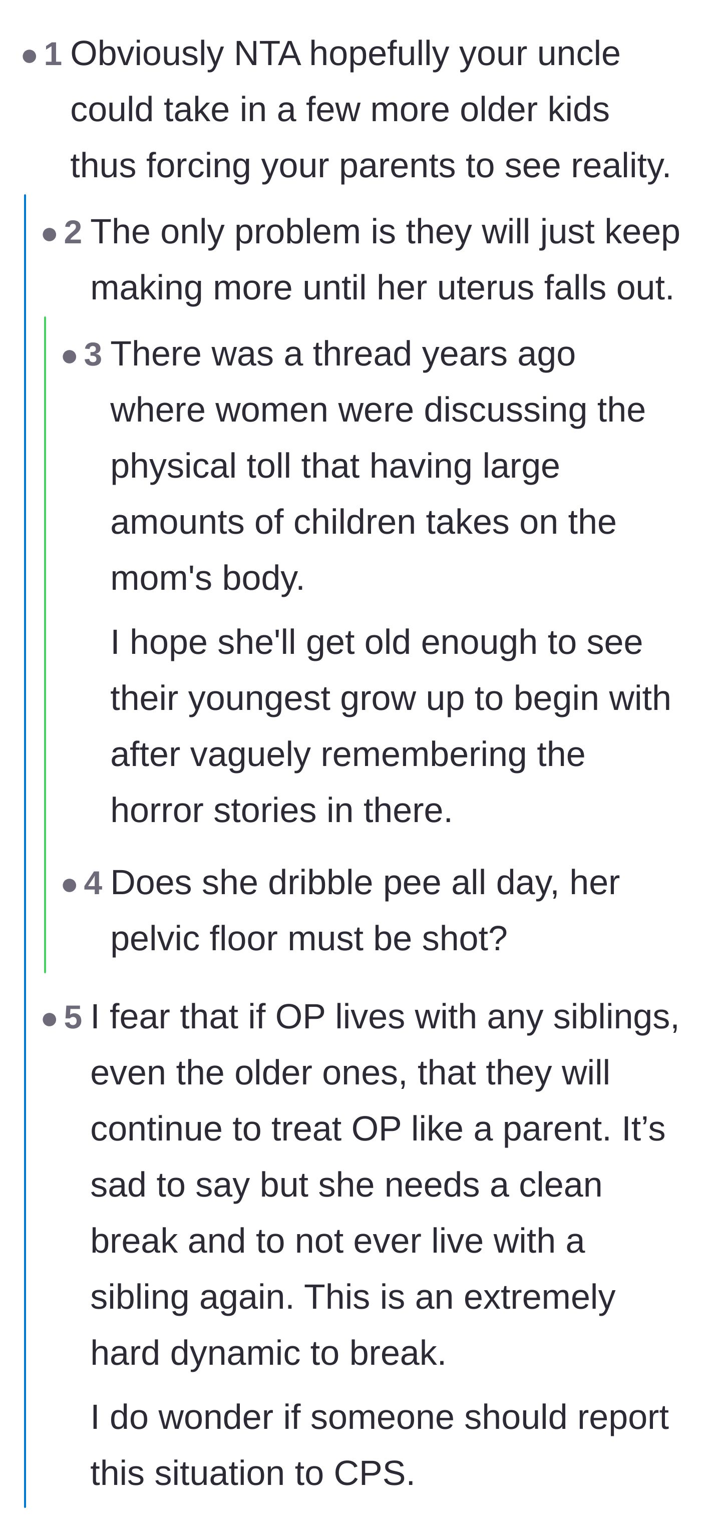 Comment thread 2 - Discussions on the severe physical toll of twenty pregnancies and the lingering danger of the main character being forced back into a parental role.