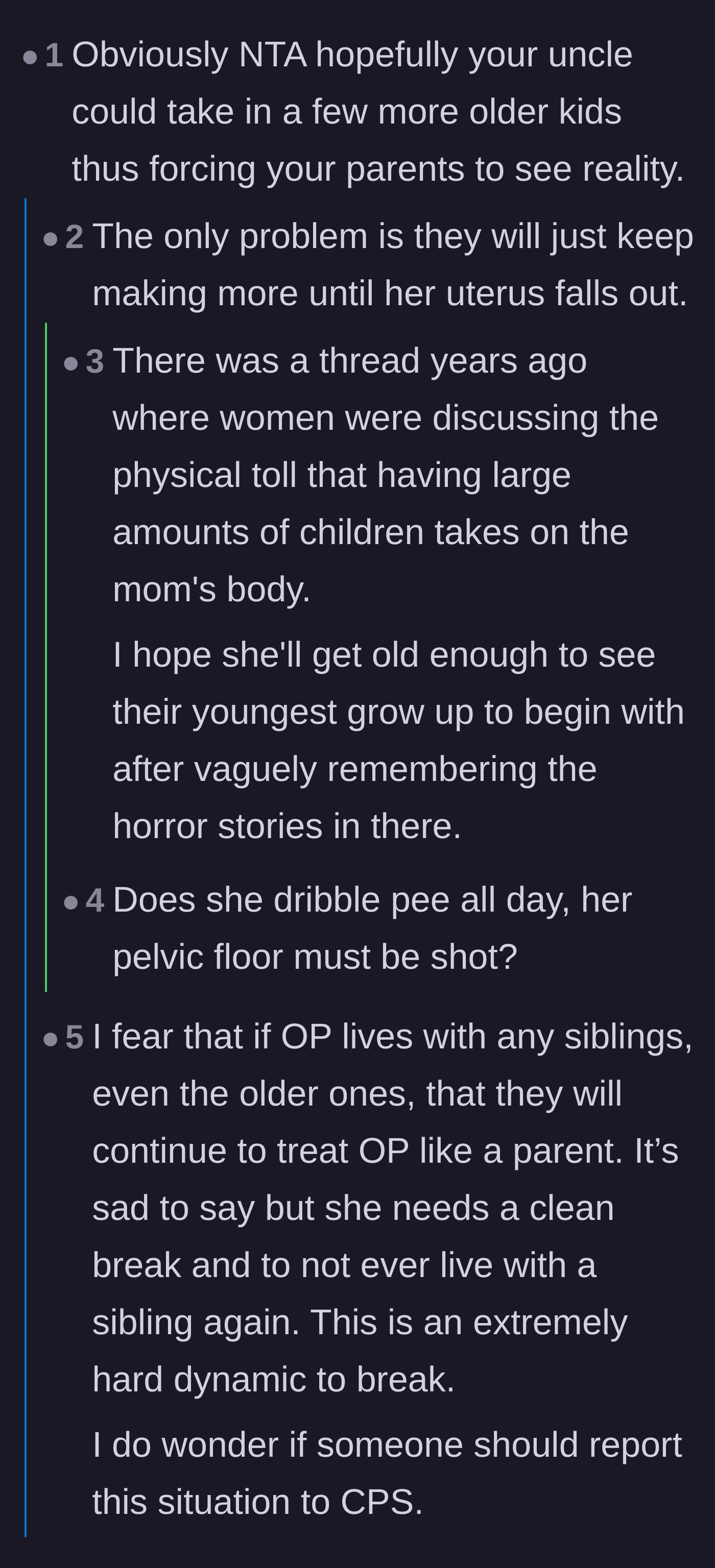 Comment thread 2 - Discussions on the severe physical toll of twenty pregnancies and the lingering danger of the main character being forced back into a parental role.