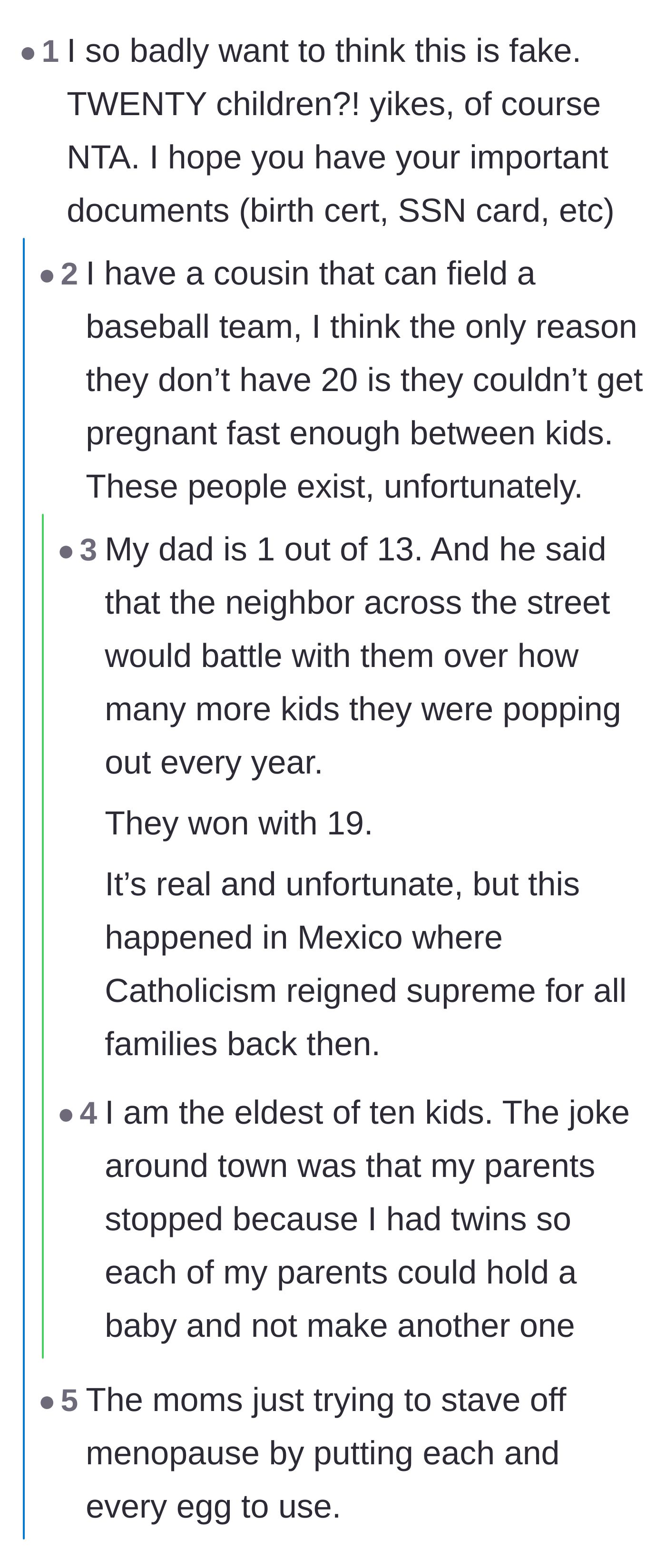 Comment thread 4 - Readers sharing their own personal anecdotes to validate that mega-families of this size sadly exist in the real world.