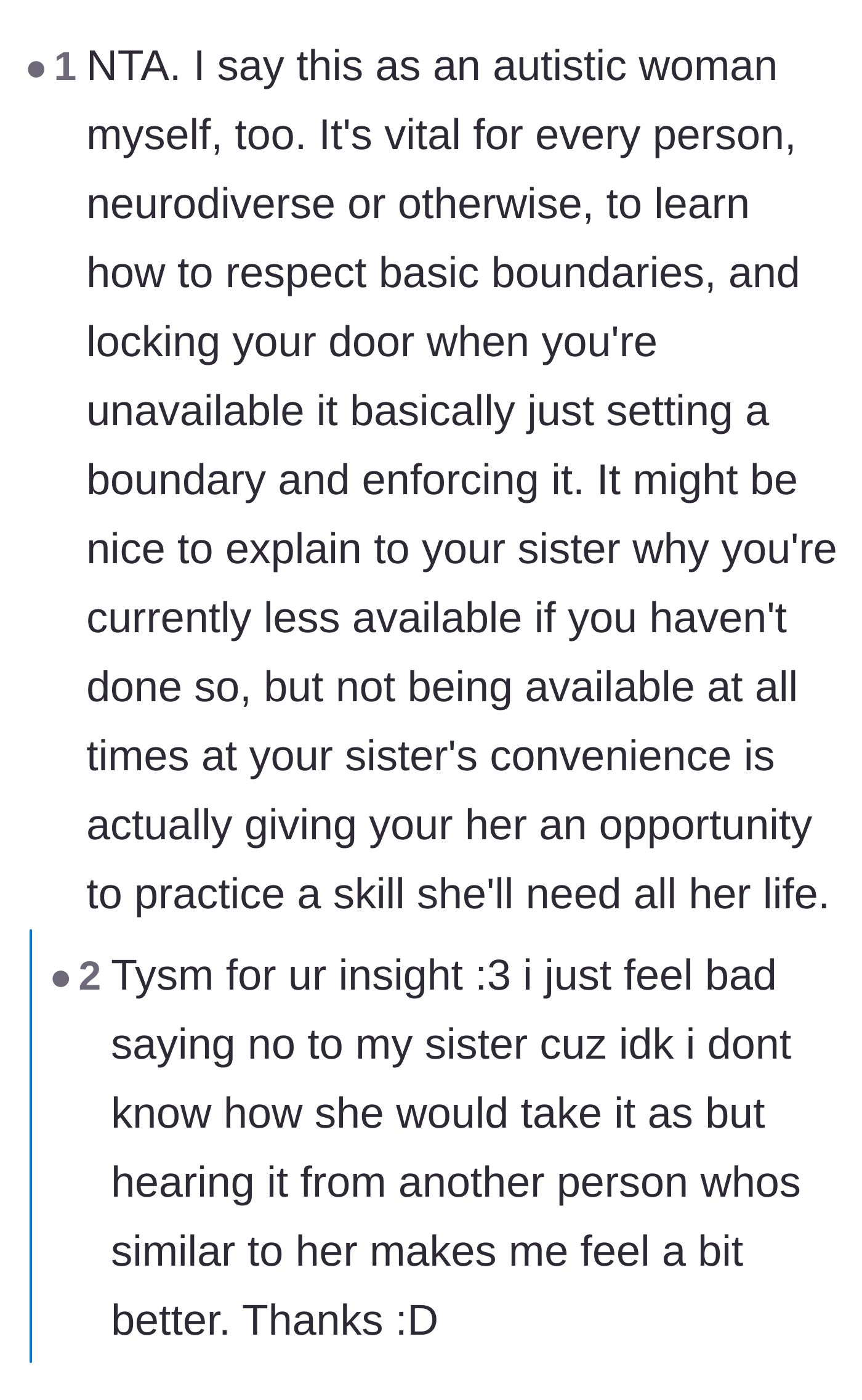 Comment thread 3 - Autistic adults chime in to explain that learning boundaries and hearing the word 'no' is crucial for the younger sister's development.