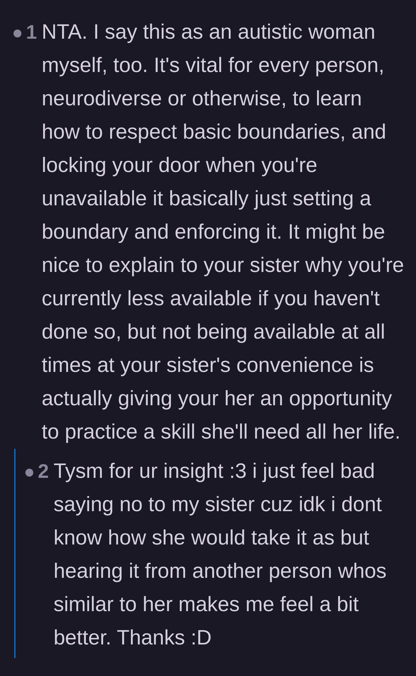 Comment thread 3 - Autistic adults chime in to explain that learning boundaries and hearing the word 'no' is crucial for the younger sister's development.