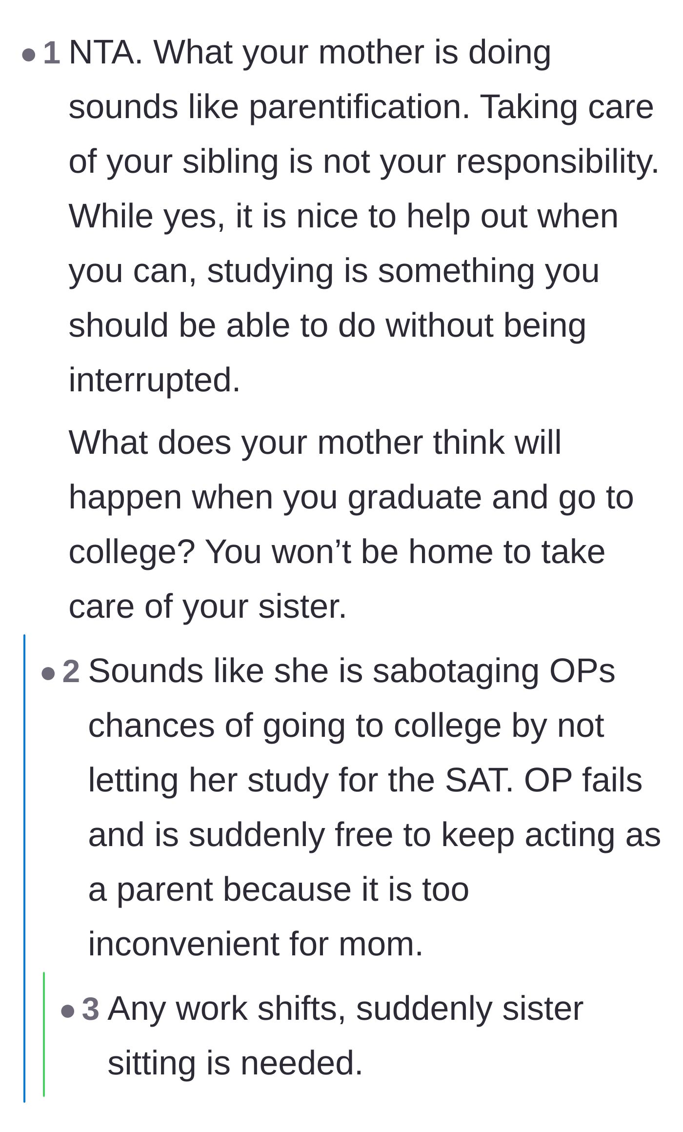 Comment thread 4 - A reader points out that this is textbook parentification and asks what the mother plans to do when the teen moves out.