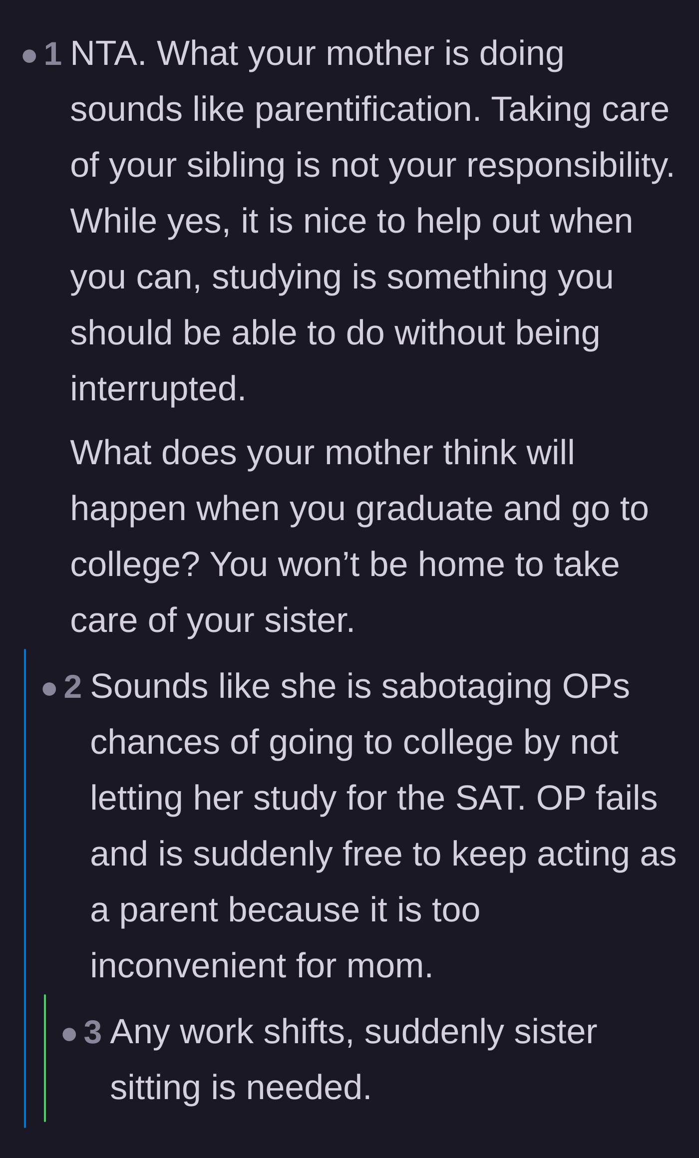 Comment thread 4 - A reader points out that this is textbook parentification and asks what the mother plans to do when the teen moves out.