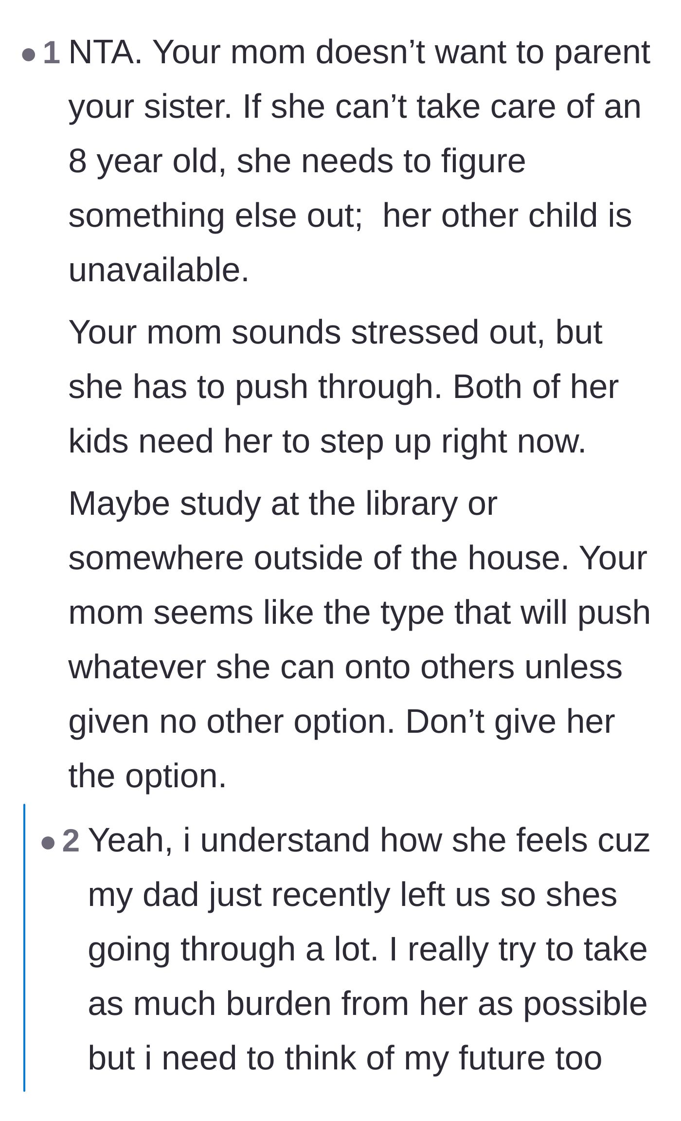 Comment thread 5 - A discussion addressing the recent family divorce, emphasizing that the mother's emotional burden shouldn't cost the teen her future.
