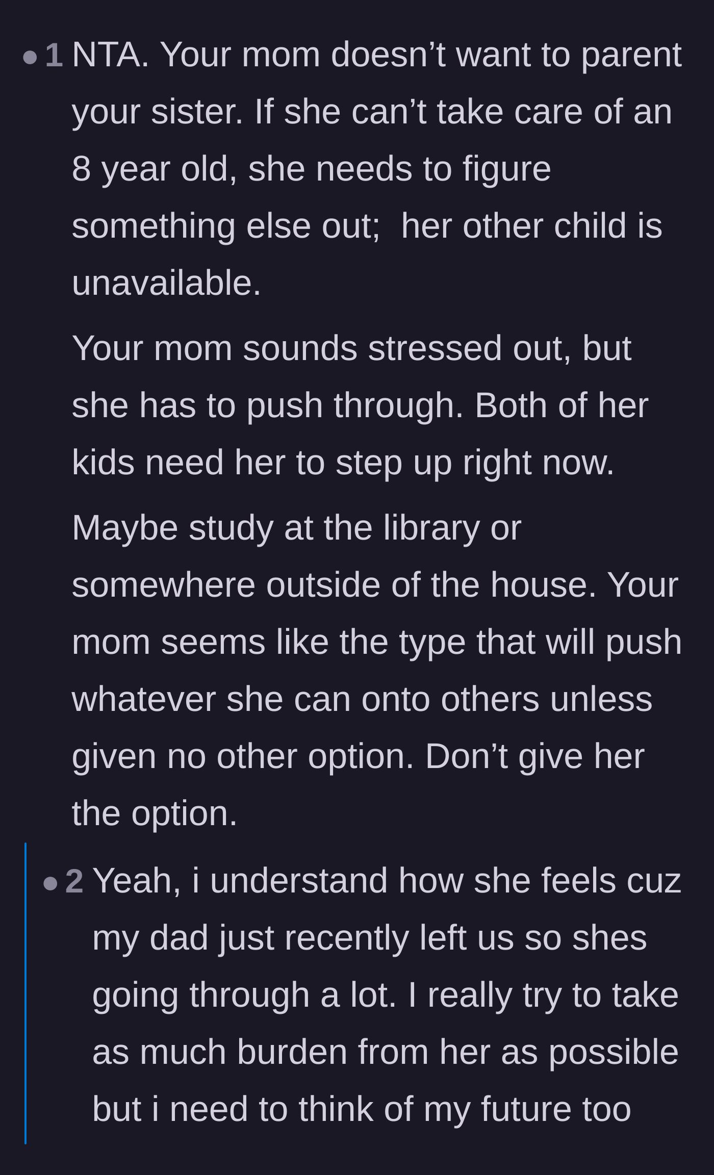 Comment thread 5 - A discussion addressing the recent family divorce, emphasizing that the mother's emotional burden shouldn't cost the teen her future.