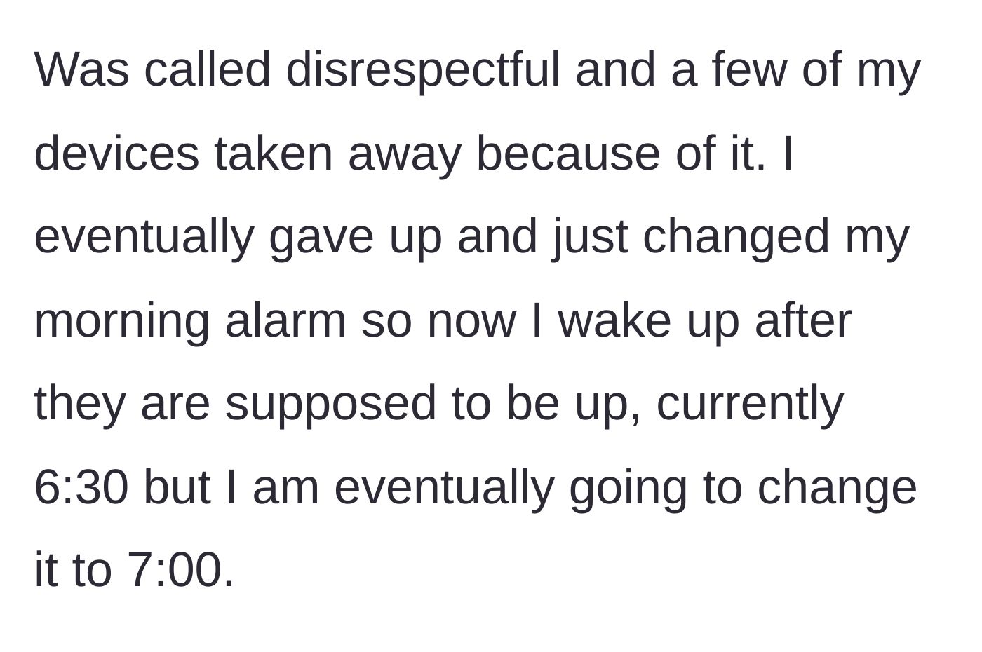 Story part 4 - The stepmother retaliates by confiscating the teen's devices, prompting him to quietly change his alarm.