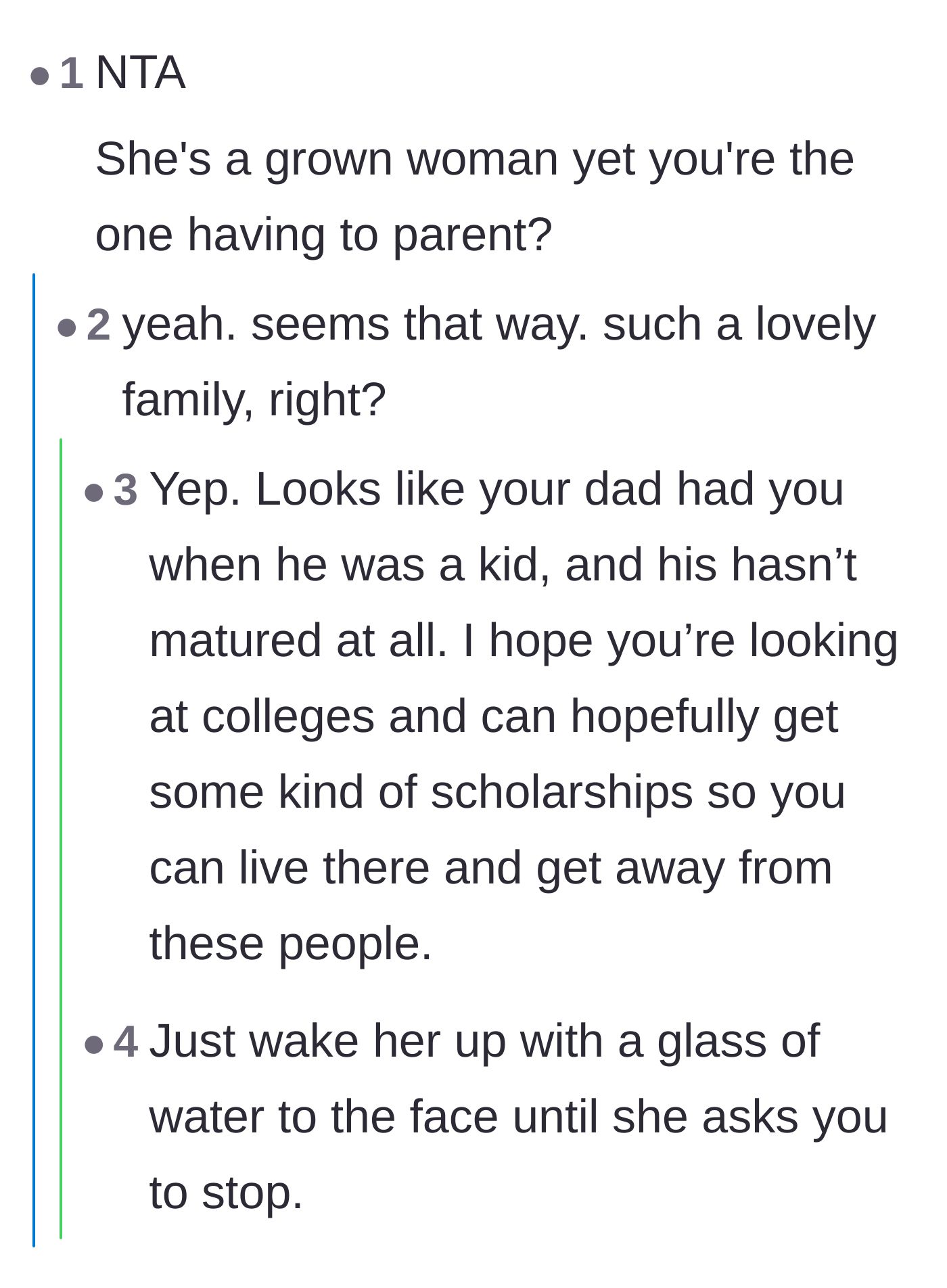 Comment thread 4 - Readers expressing disbelief that a grown woman is relying on a teenager to parent her.
