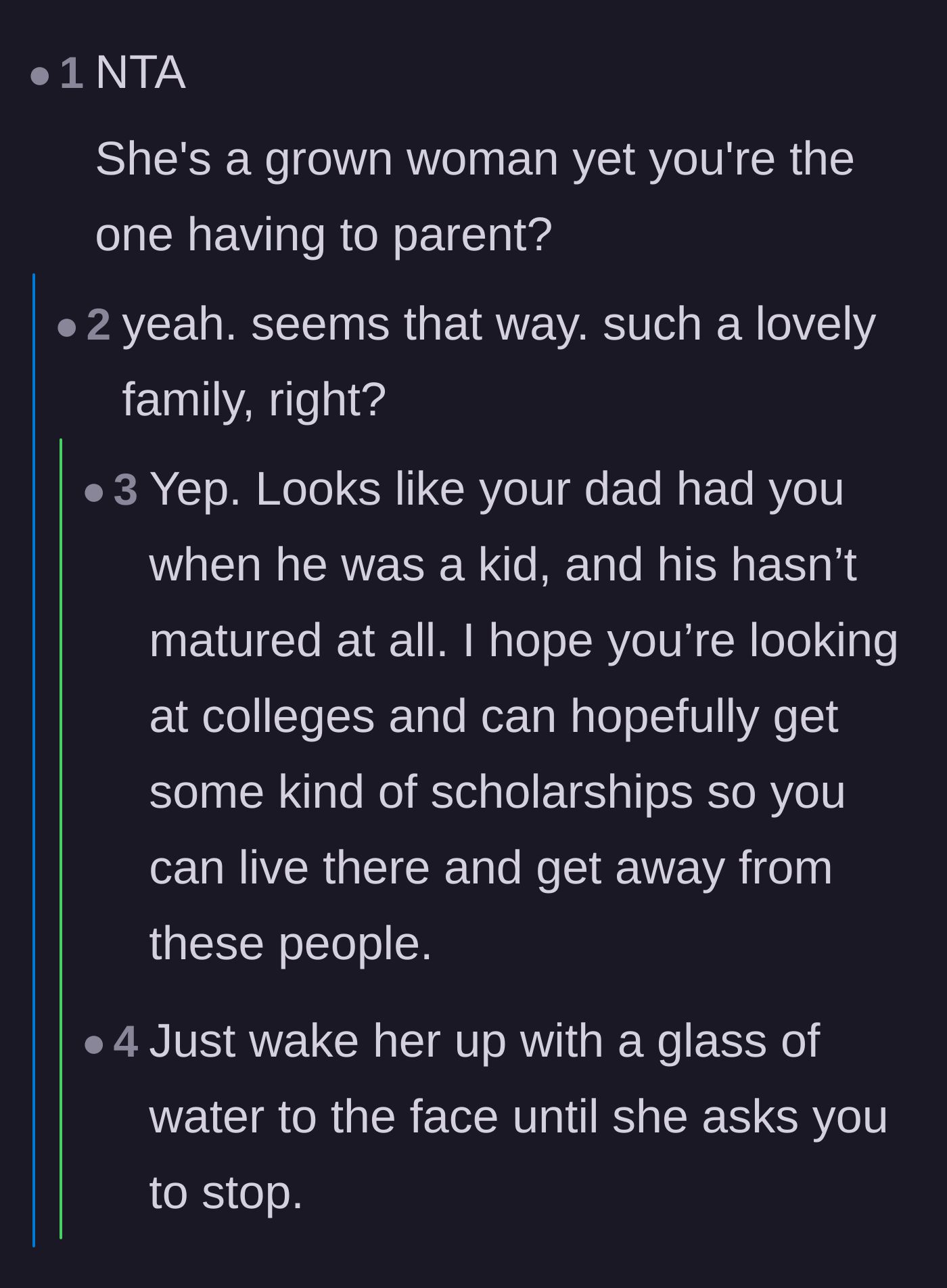 Comment thread 4 - Readers expressing disbelief that a grown woman is relying on a teenager to parent her.