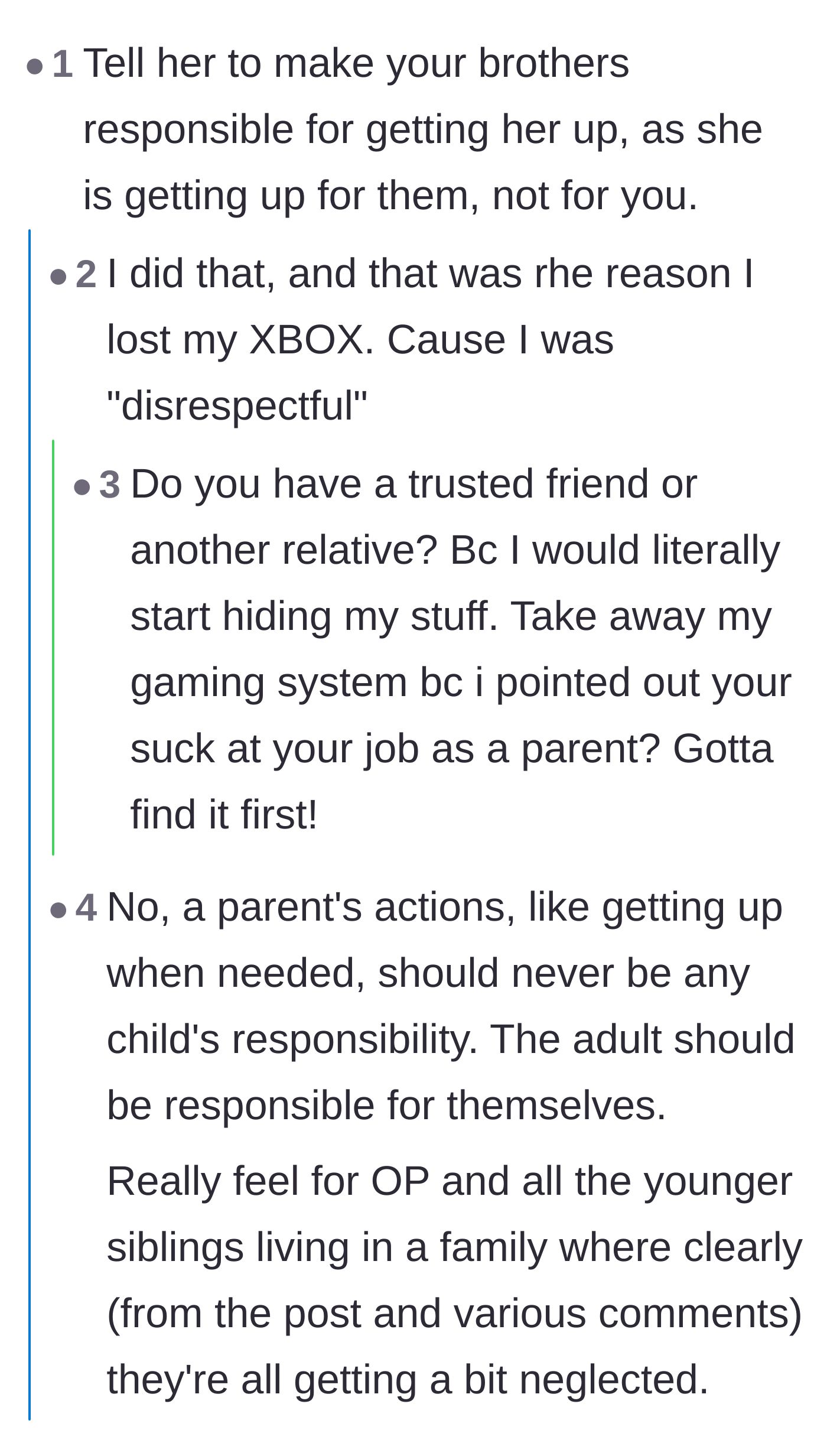 Comment thread 5 - The teen explains he was punished and lost his Xbox for suggesting his siblings wake up the stepmother.