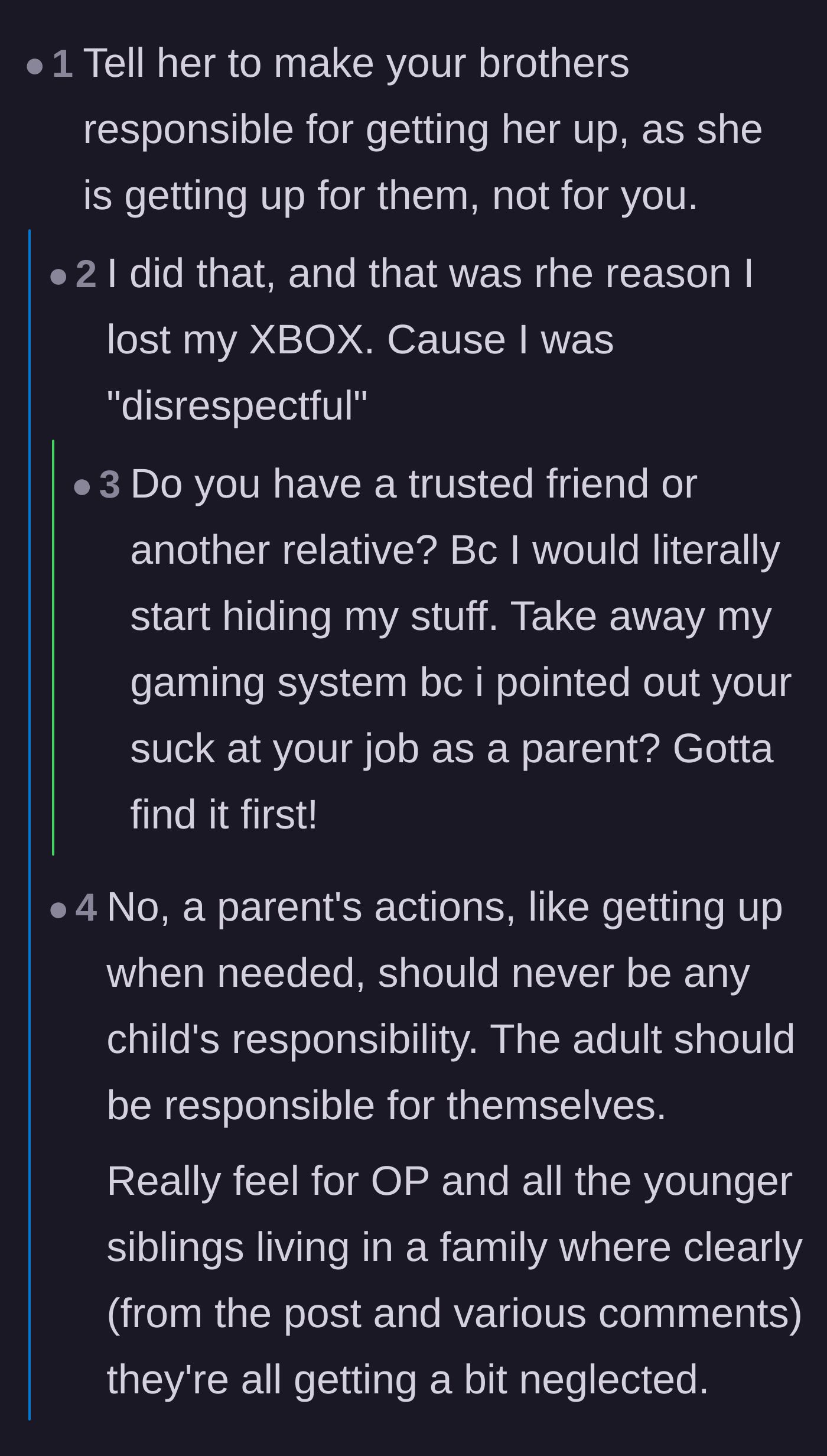 Comment thread 5 - The teen explains he was punished and lost his Xbox for suggesting his siblings wake up the stepmother.