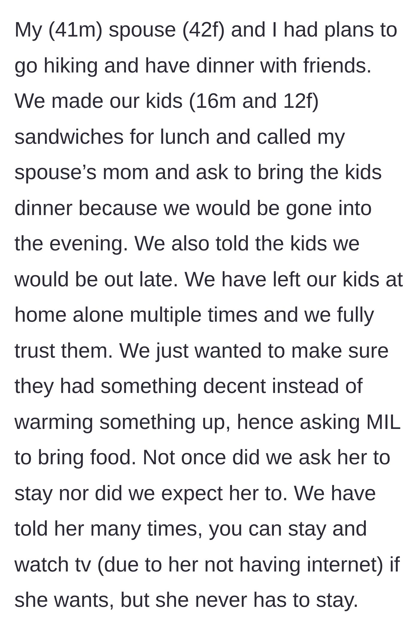 Story part 1 - Parents plan a date night and ask the mother-in-law to simply drop off a meal for their self-sufficient teenagers.