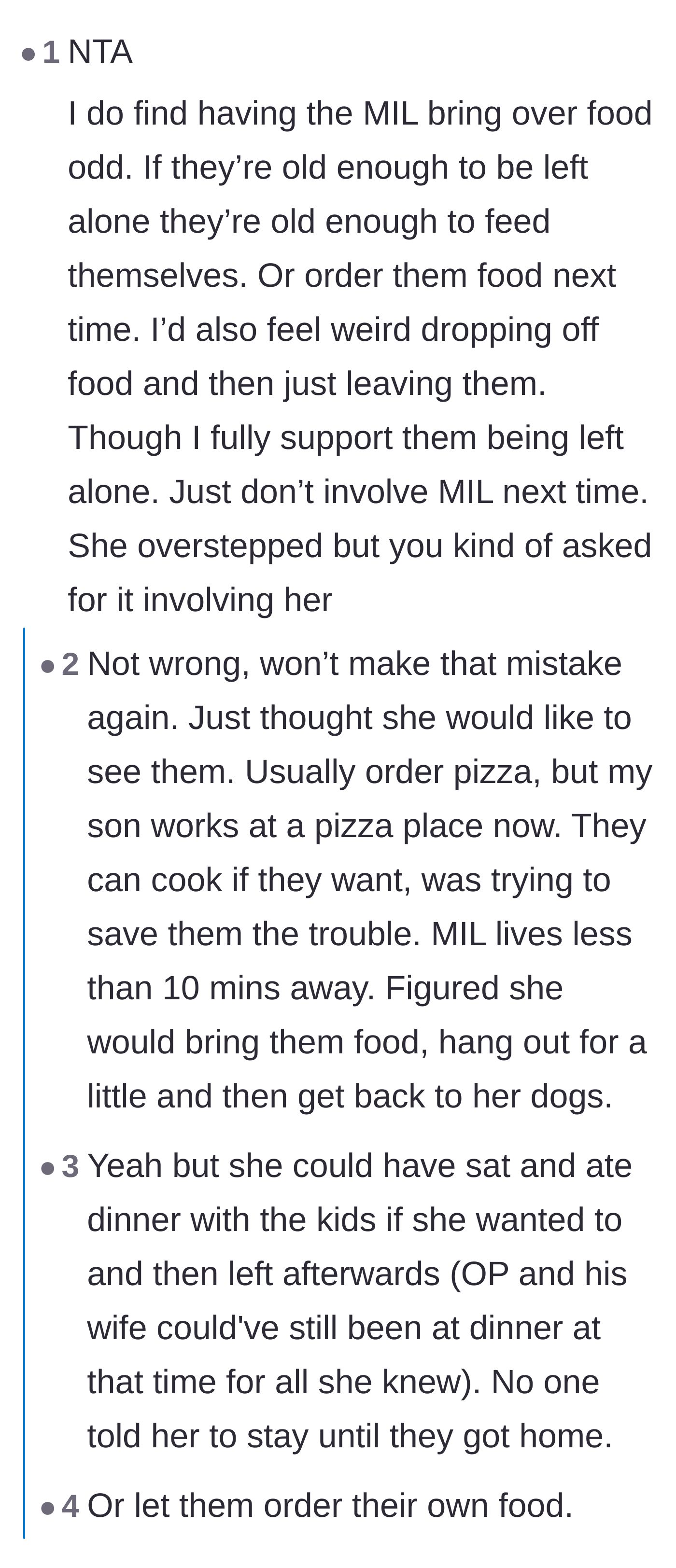 Comment thread 1 - Debating whether asking the mother-in-law to bring food was the original mistake.