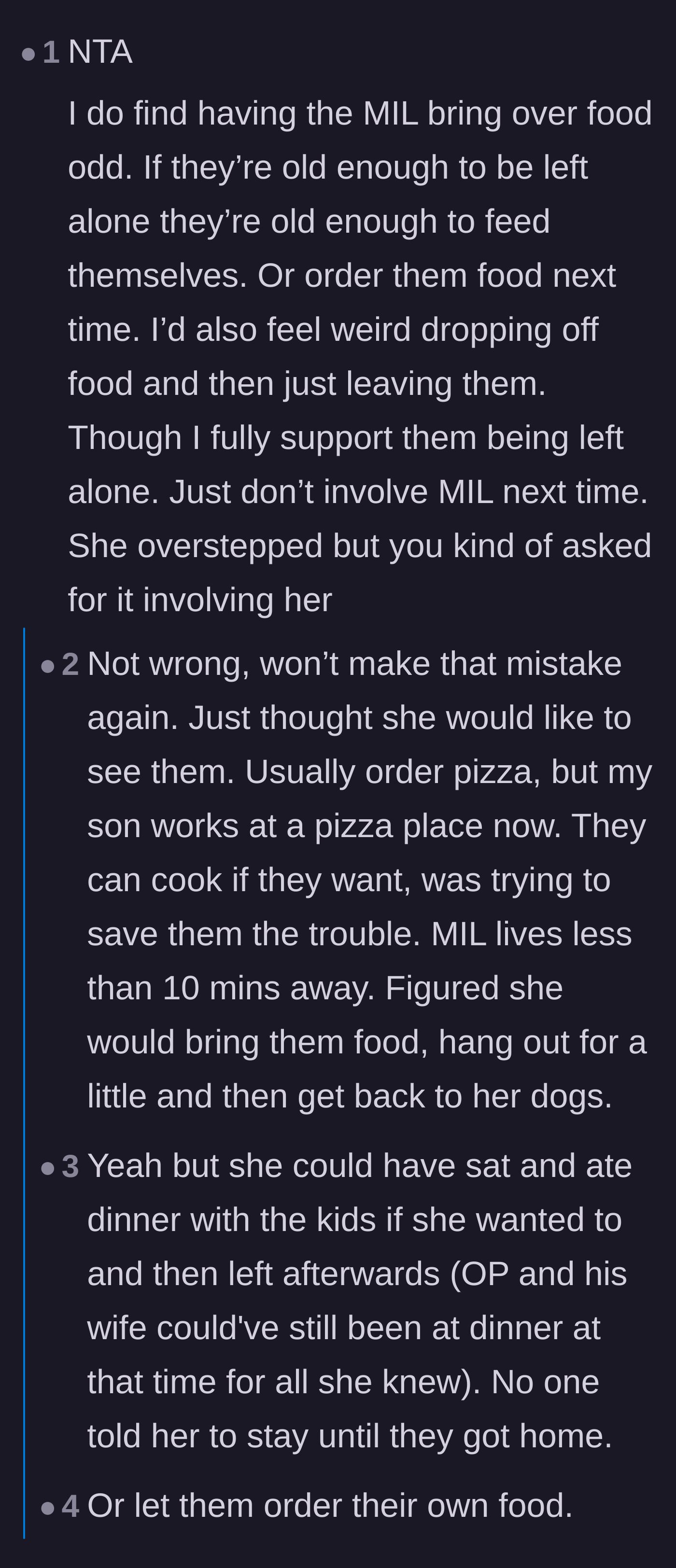 Comment thread 1 - Debating whether asking the mother-in-law to bring food was the original mistake.