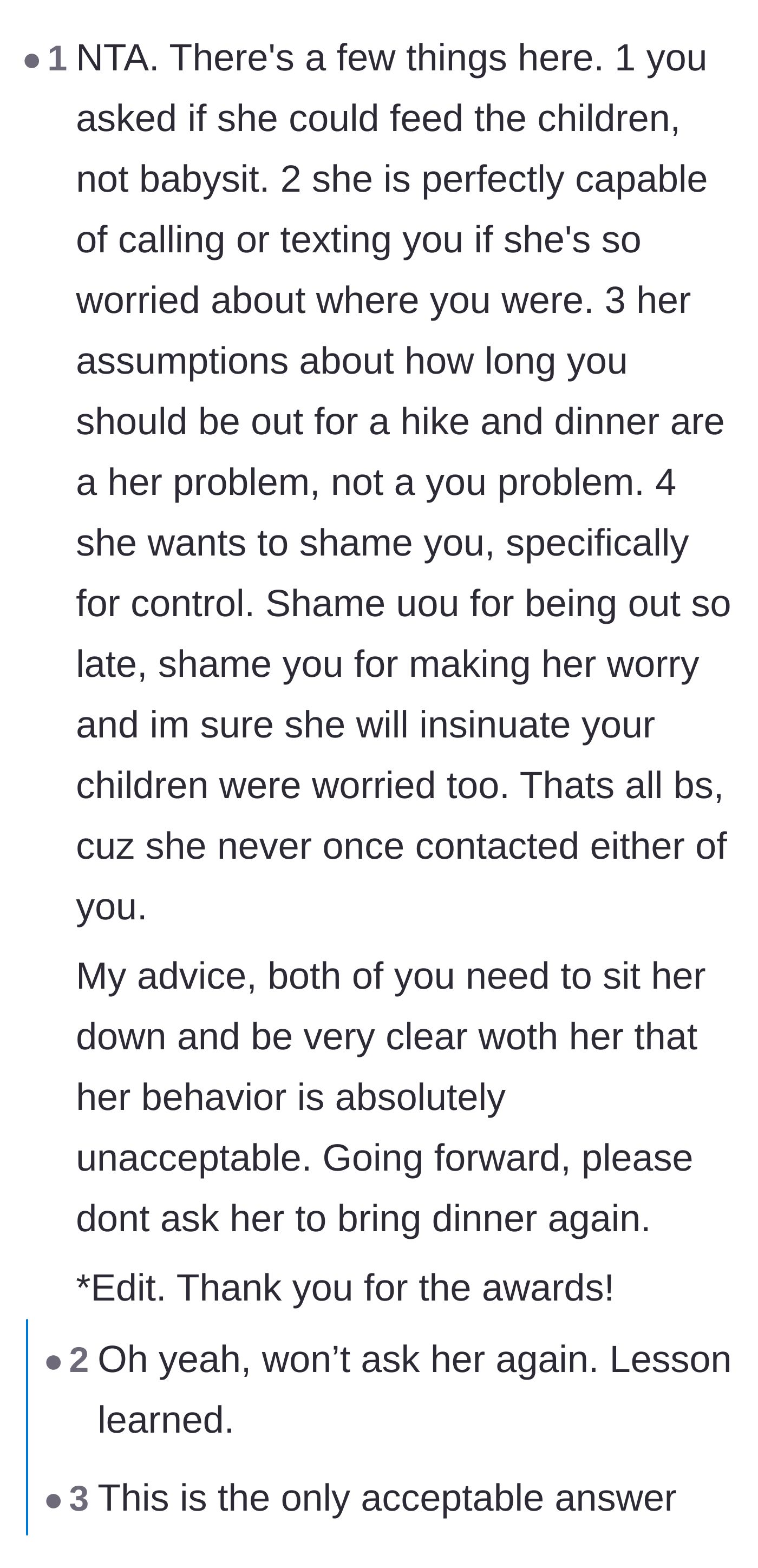 Comment thread 2 - Analyzing the mother-in-law's actions as a calculated control and shaming tactic.