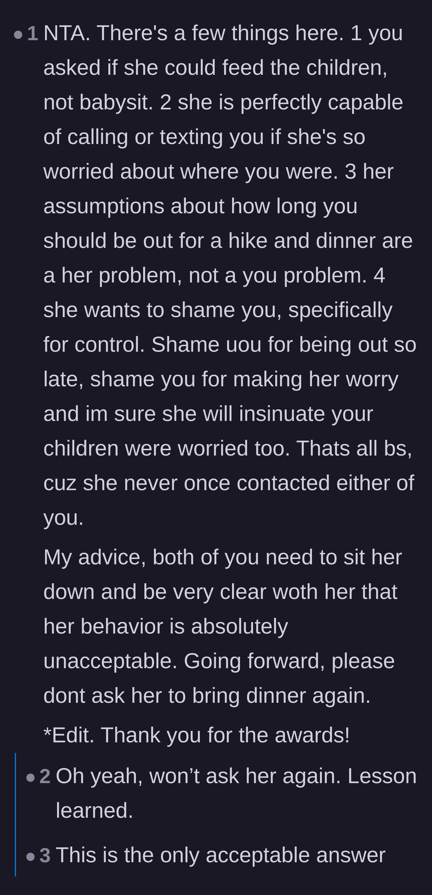 Comment thread 2 - Analyzing the mother-in-law's actions as a calculated control and shaming tactic.