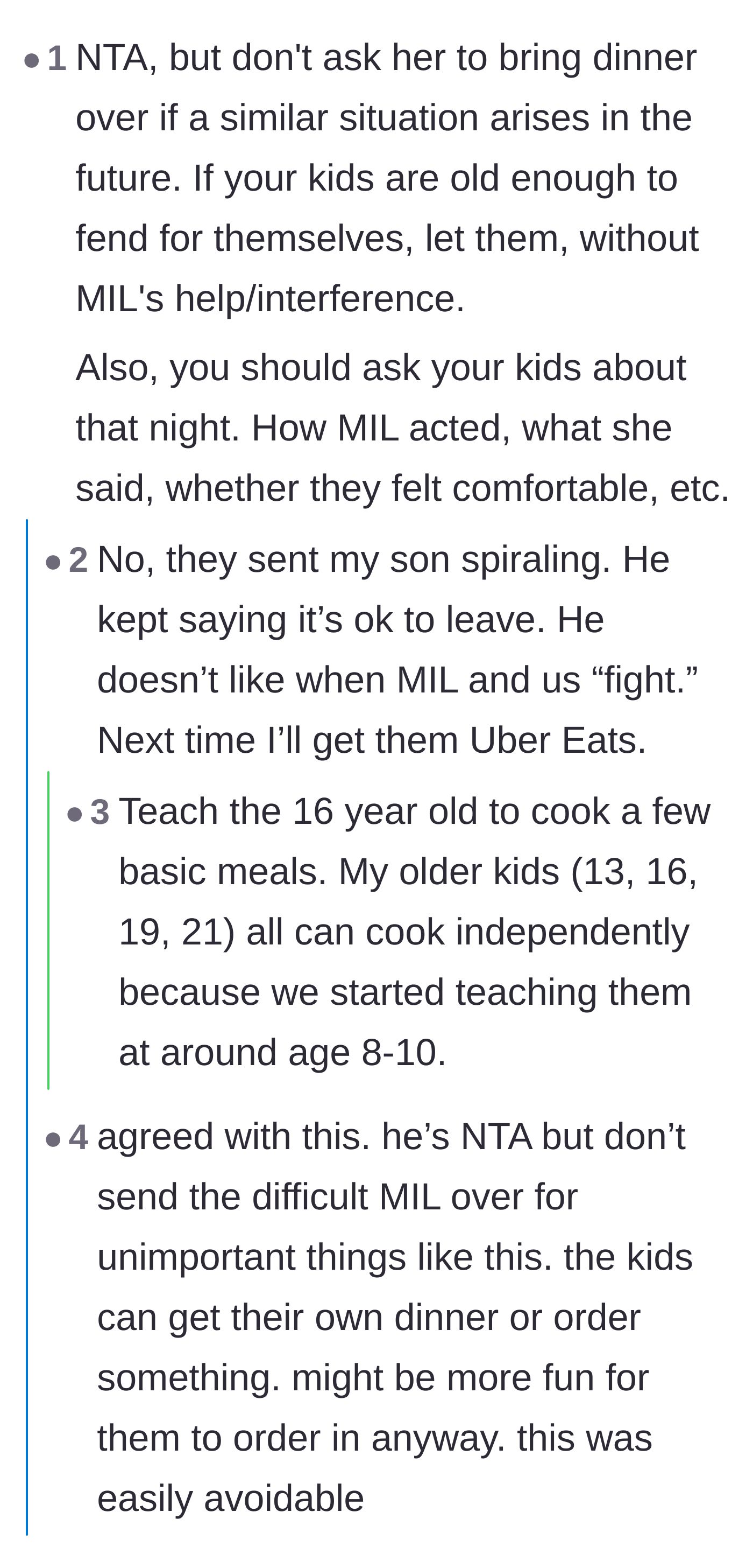 Comment thread 5 - Discussing how the mother-in-law's refusal to leave stressed out the teenager, and the importance of teaching kids to cook.
