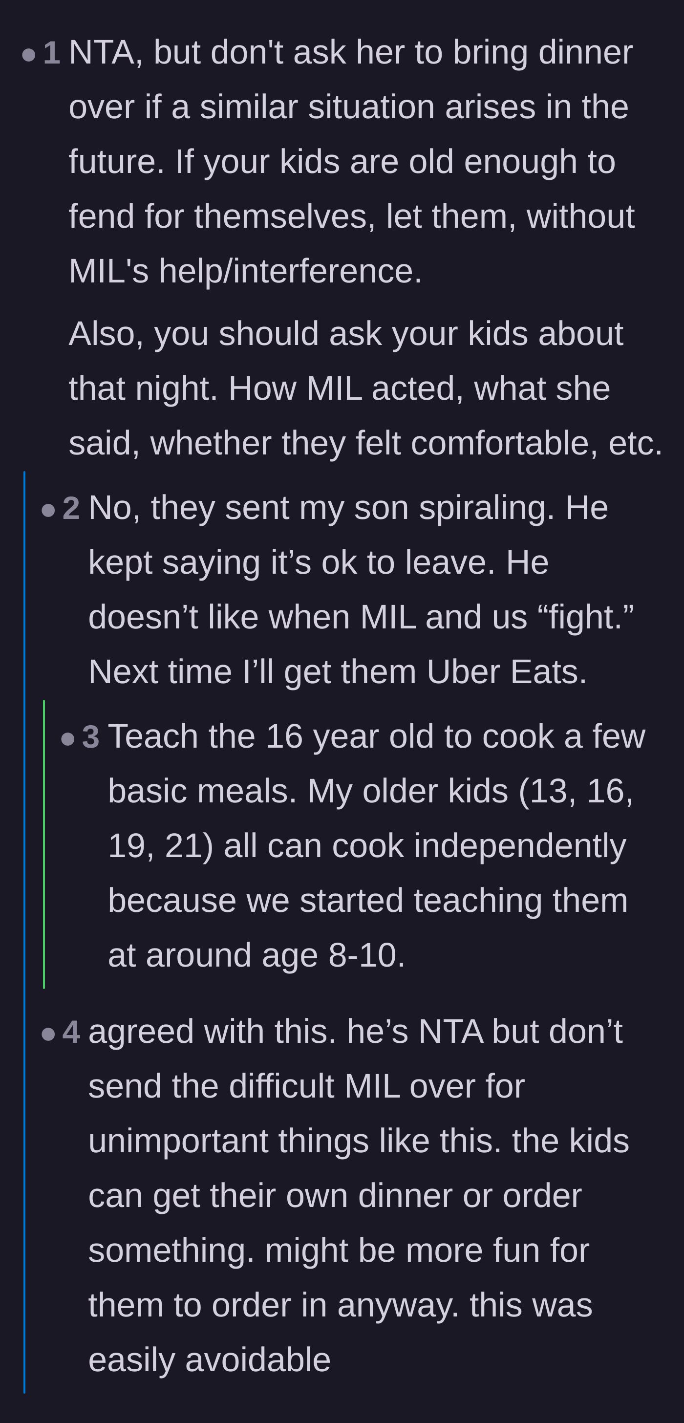 Comment thread 5 - Discussing how the mother-in-law's refusal to leave stressed out the teenager, and the importance of teaching kids to cook.