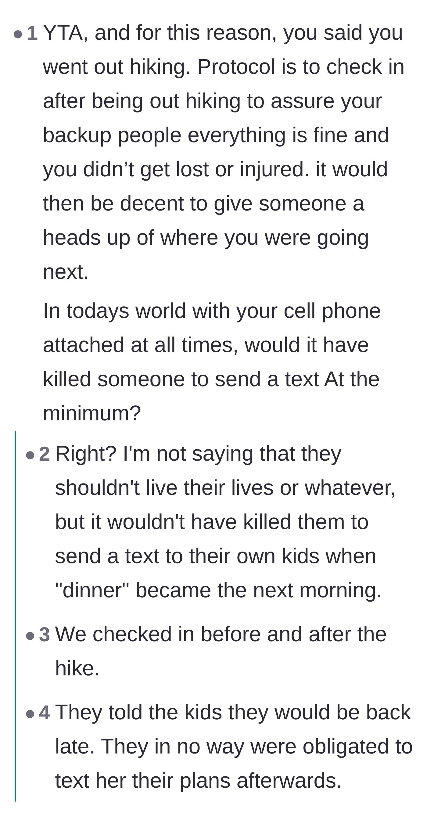 Comment thread 6 - Commenters fixating on wilderness hiking safety protocols to justify the mother-in-law's anger.