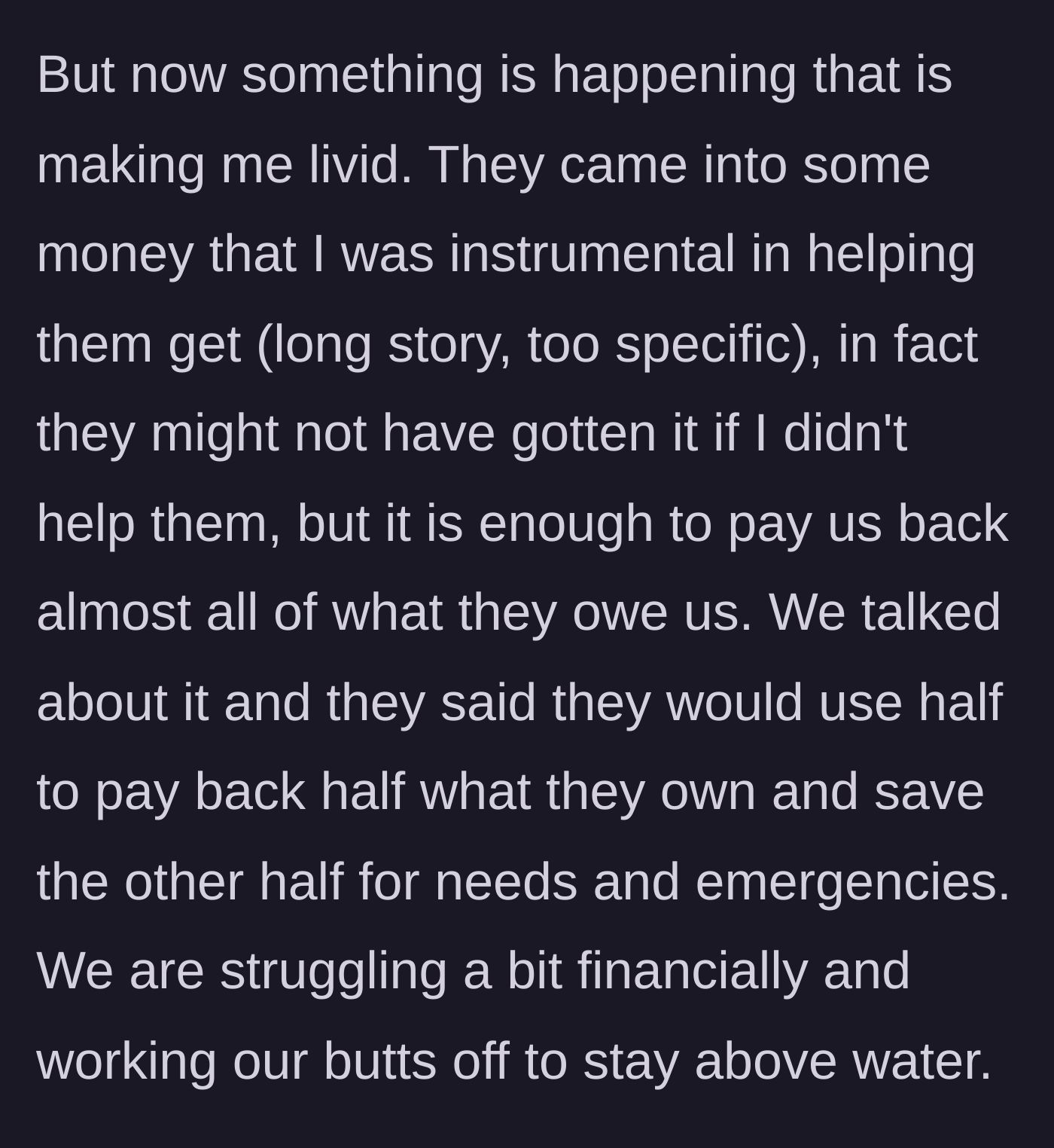 Story part 3 - The young couple receives a financial windfall, promising to use half to repay their massive debt to the parents.