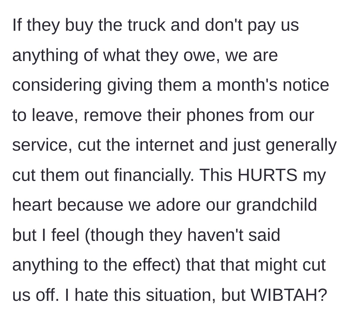 Story part 5 - The parents weigh the agonizing choice of cutting off the couple financially, terrified of losing access to their grandchild.