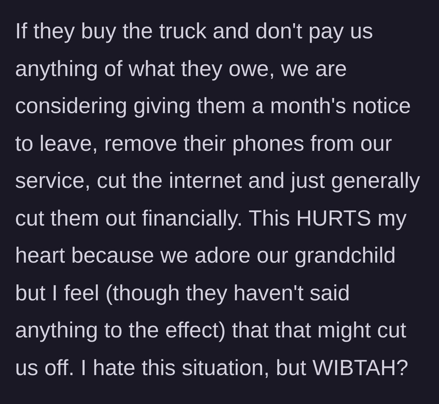 Story part 5 - The parents weigh the agonizing choice of cutting off the couple financially, terrified of losing access to their grandchild.