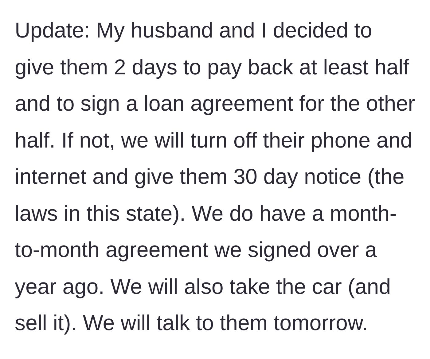 Story part 6 - The parents finally drop the hammer, issuing a 48-hour ultimatum to pay up or face eviction and a total financial cutoff.