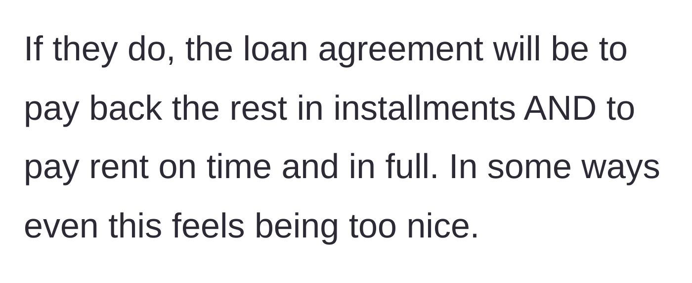 Story part 7 - The parents outline a strict future loan agreement, though the author admits even this feels too generous.