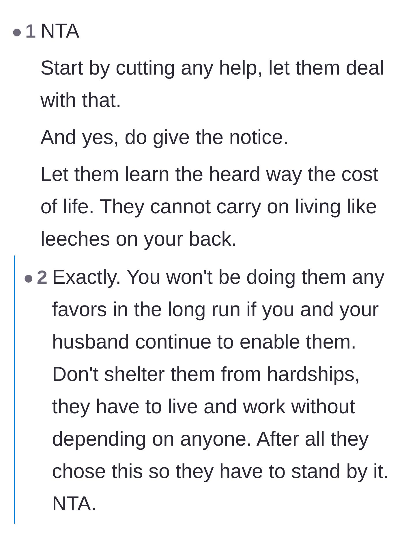 Comment thread 1 - Readers debating how parental enabling removes a young adult's incentive to survive in the real world.