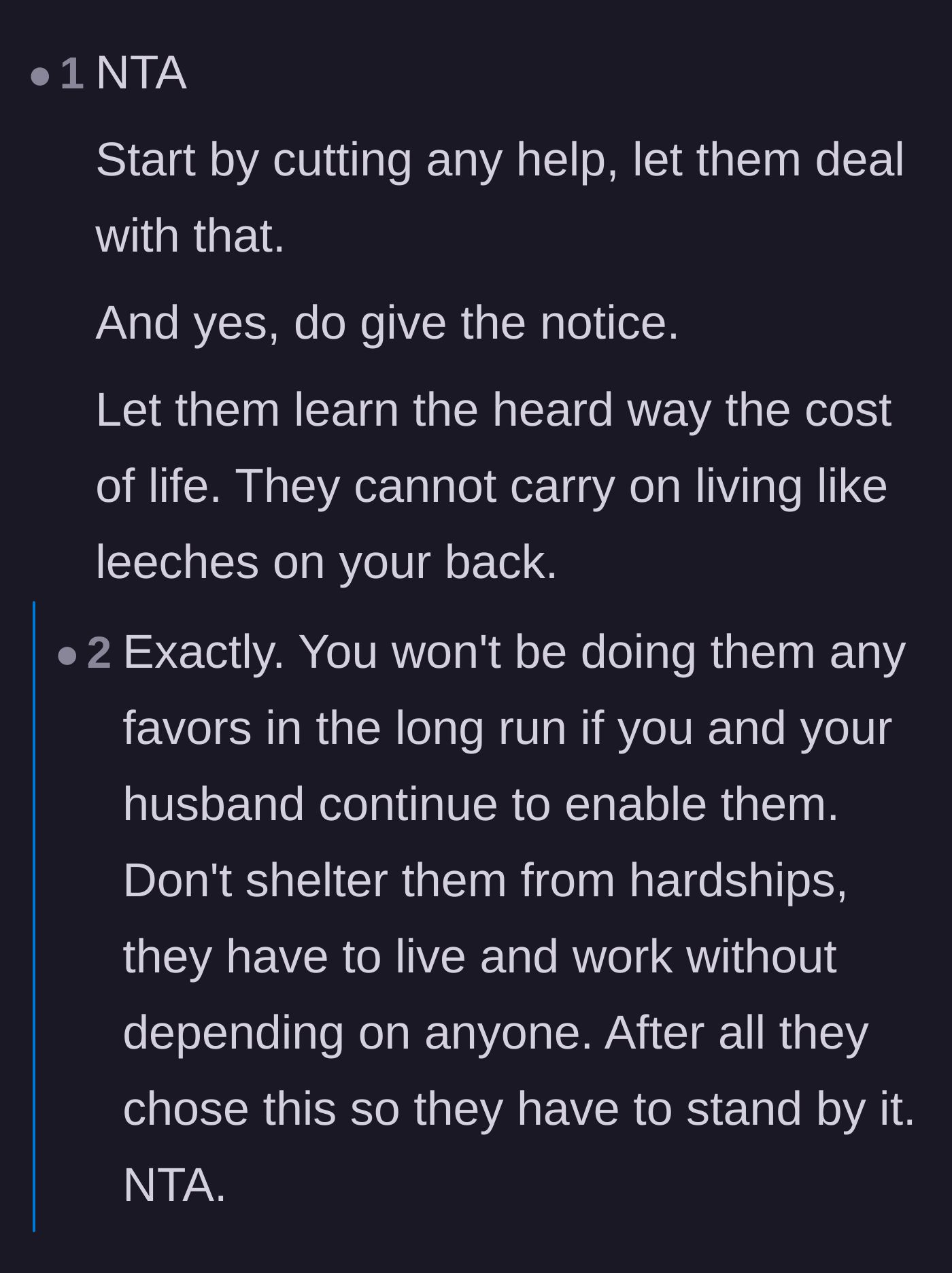 Comment thread 1 - Readers debating how parental enabling removes a young adult's incentive to survive in the real world.