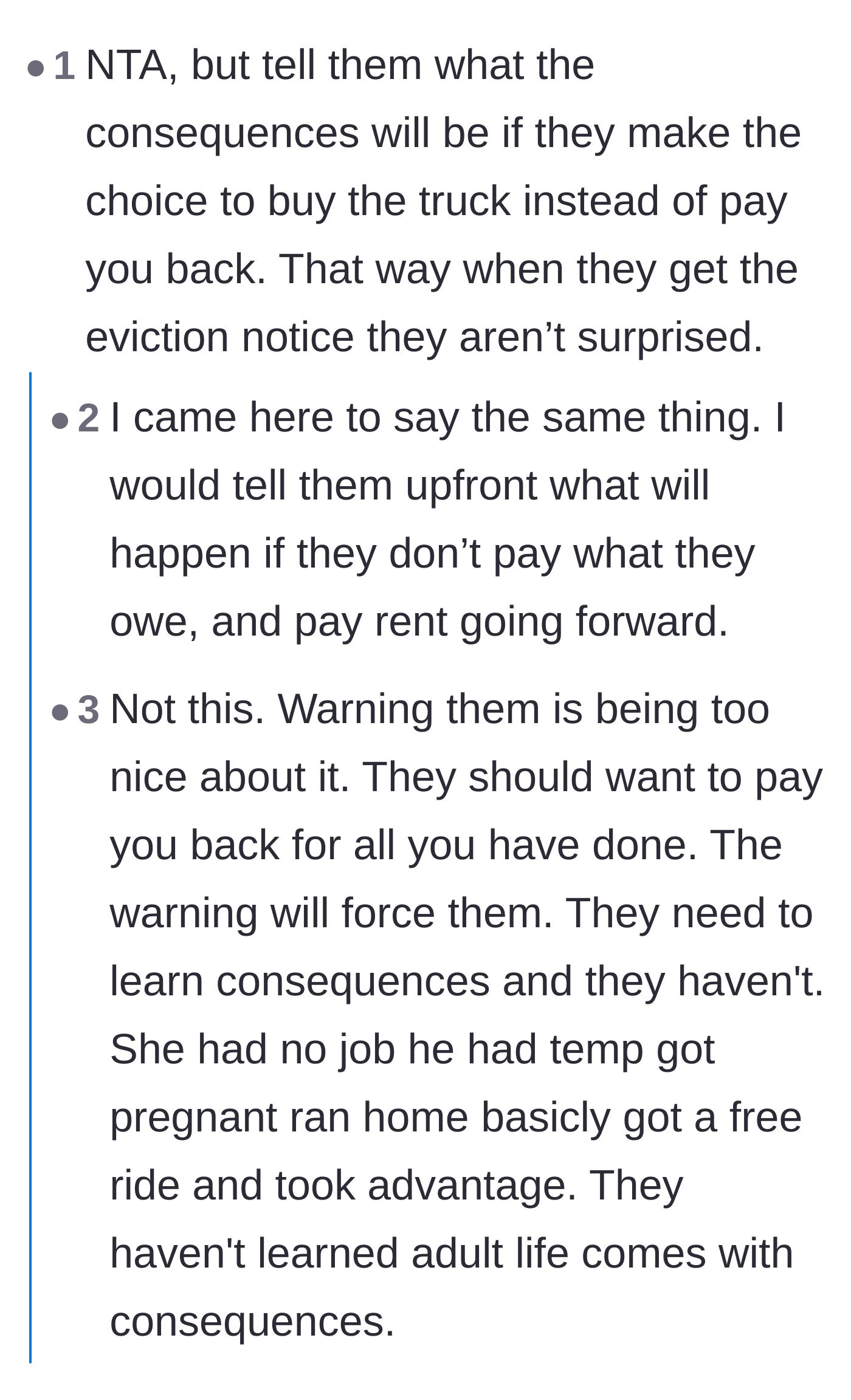 Comment thread 3 - A debate on whether the parents should warn the couple about the eviction before the truck is bought.