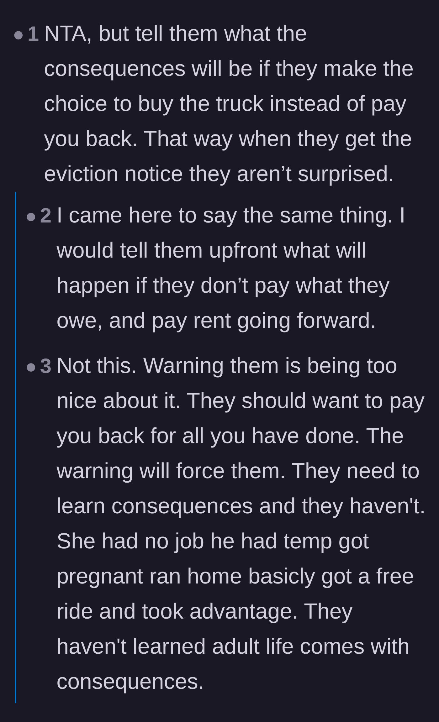 Comment thread 3 - A debate on whether the parents should warn the couple about the eviction before the truck is bought.